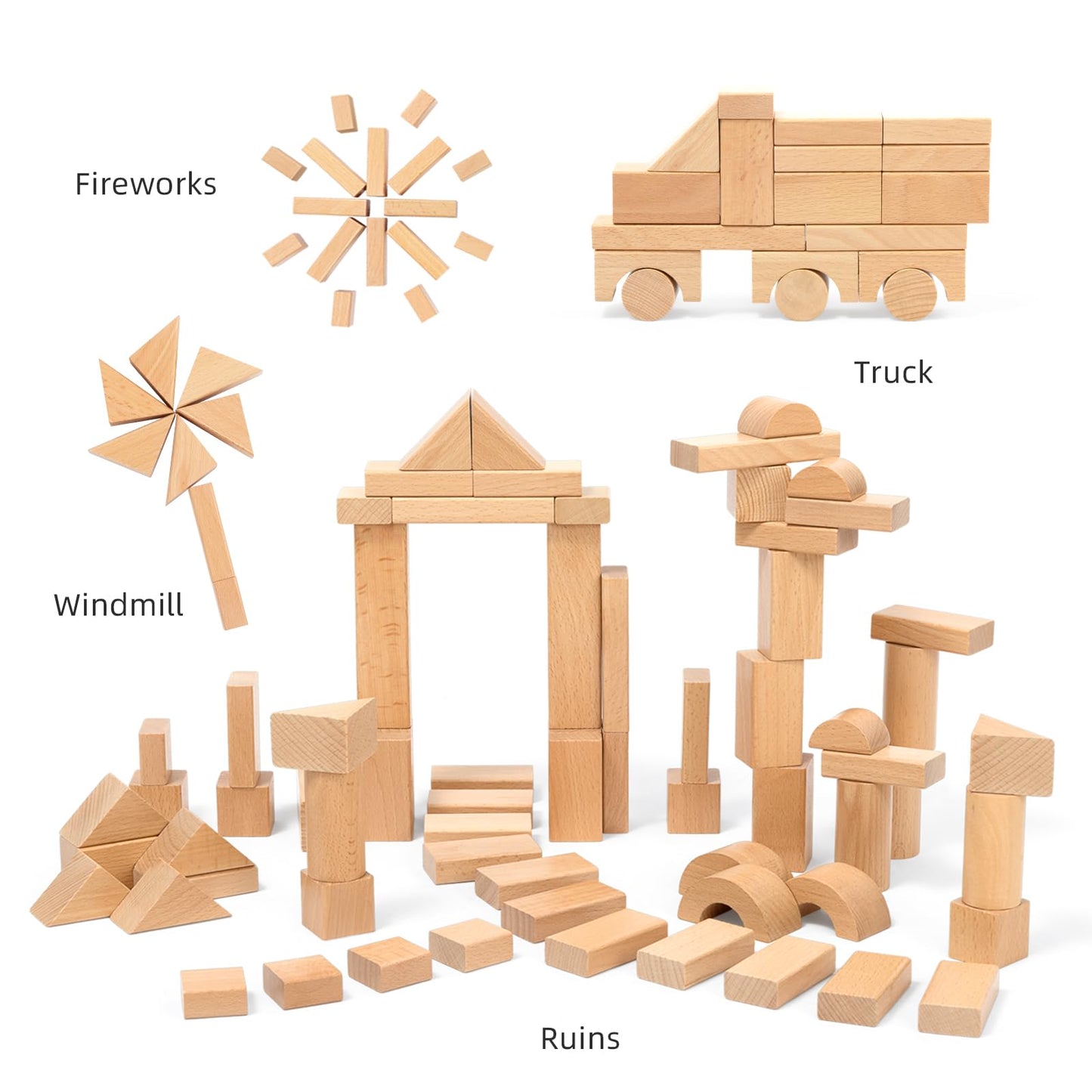 MEEYOO 100pcs Natural Beech Wooden Building Blocks for Toddlers 1-3, Wooden Blocks for Baby Shower with Storage Bucket, Montessori Toys for Preschool Girls and Boys