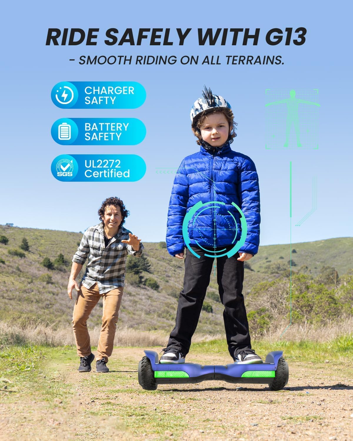 Gyroor Self Balancing Scooter New G13 All Terrain Balancing Scooter with LED Lights, Self Balancing Off Road with Bluetooth for Kids ages 6-12 and Adults-Blue