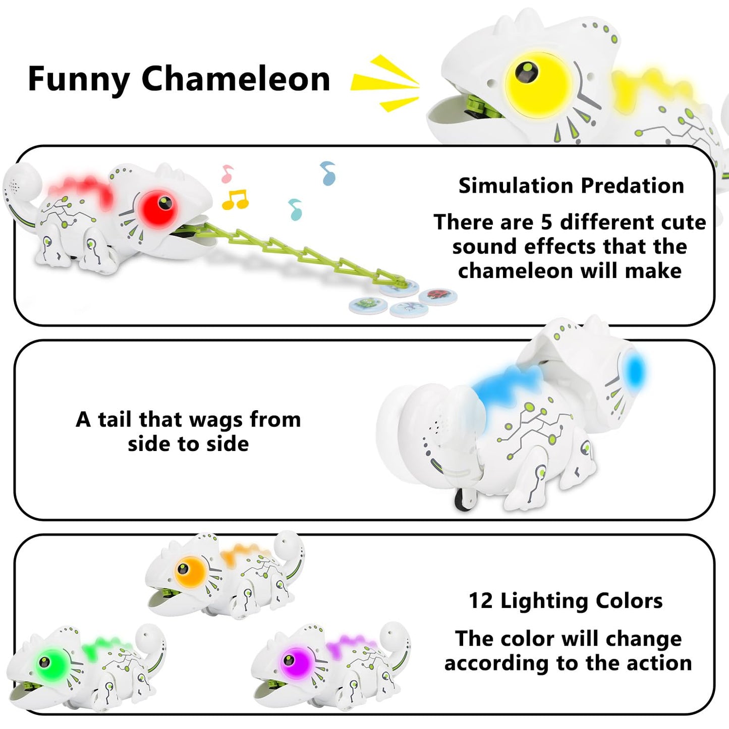 OSQI Interactive Remote Control Chameleon Simulation Toy for Kids - 2.4GHz RC Reptile with 5 Sound Effects, 12 Color Lights, Extending Tongue & Wagging Tail, Children Aged 3-12 Discovery Toys (White)
