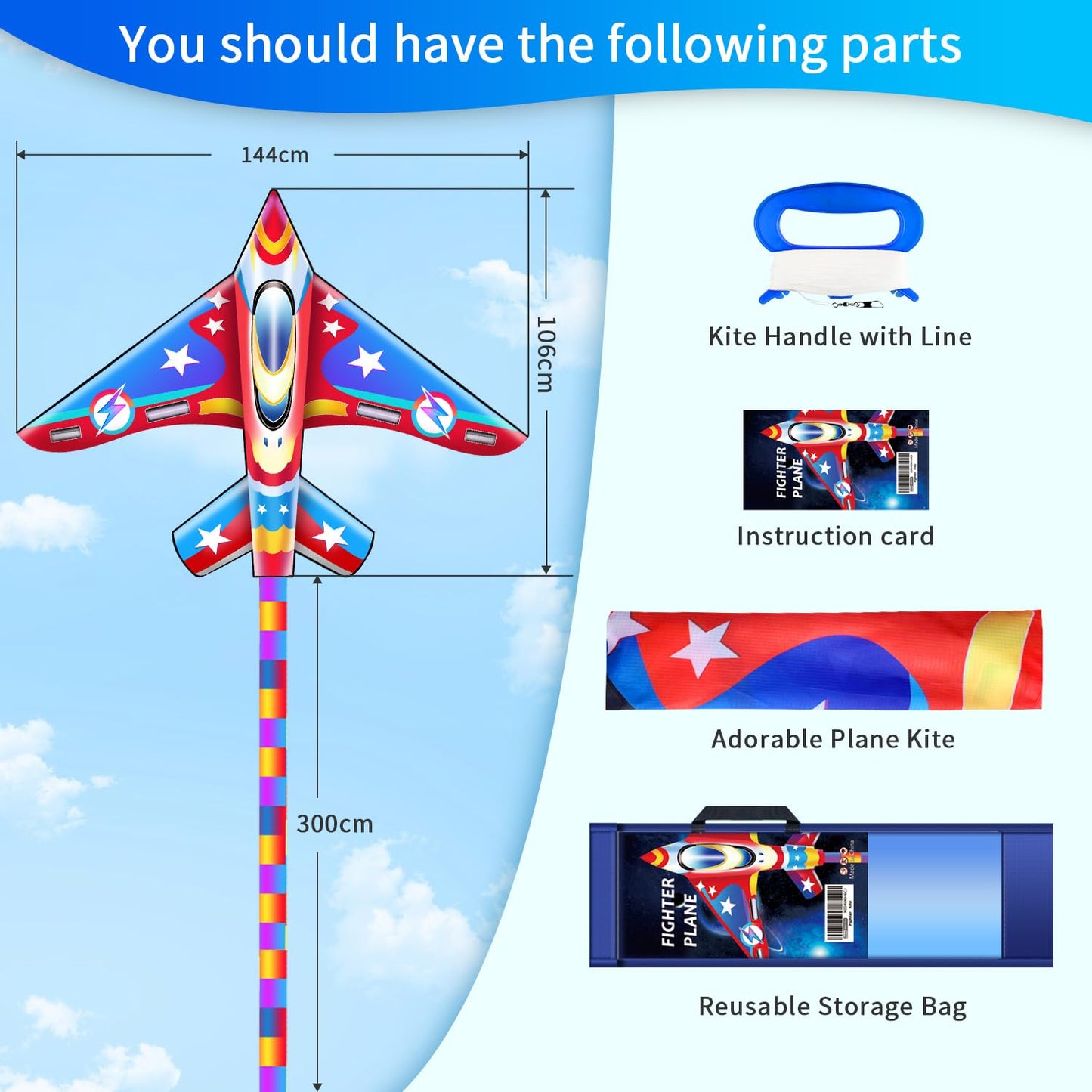 Xida Airplane Kites for Kids and Adults, Easy to Fly Kite, High-Flying, and Durable Outdoor Beach Kite for Boys and Beginners with Long Tail, Jet Kites Ideal for Beach, Park, and Family Fun