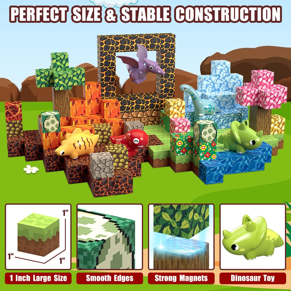 Daoyehsy 205Pcs Magnetic Blocks Dinosaur Toys Build 3D World, 1" Magnetic Building Blocks Magnet Cubes Tiles for Toddler Boys Girls 3+, STEM Sensory Building Toys Games