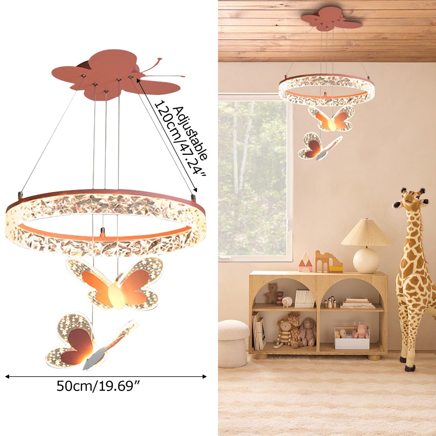 MinMinCheng Butterfly Pendant Light for Girls Bedrooms – 3D Butterfly LED Chandelier with Dimmable 58W Hanging Lamps, Pink Kids Room Lighting Fixture for Playrooms, Nurseries & Princess-Themed Décor