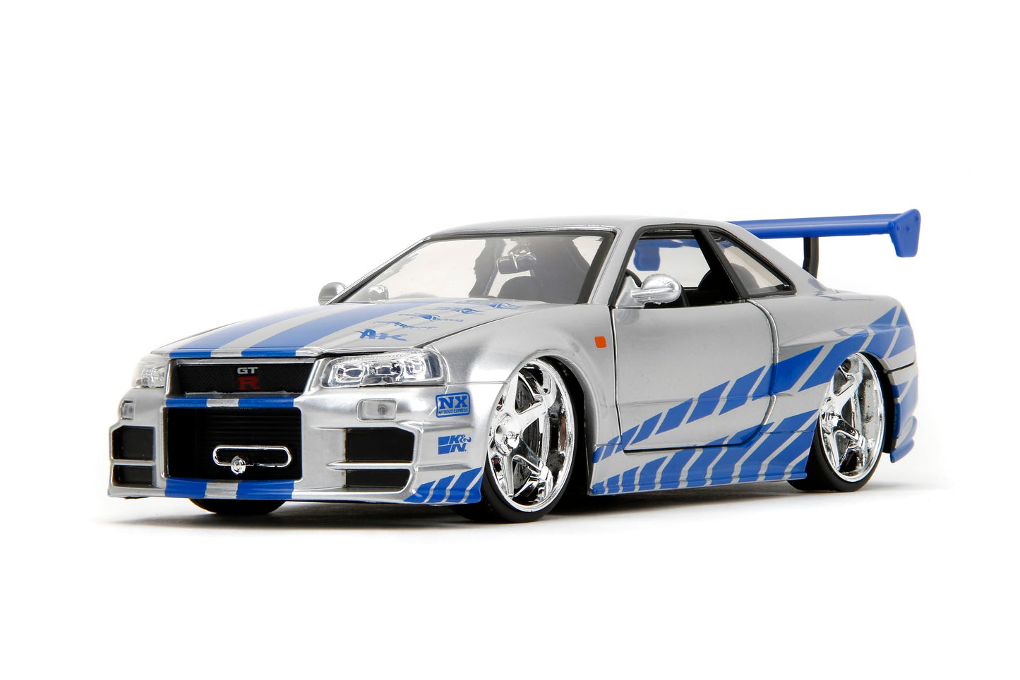Jada Toys Fast & Furious Brian’s 2002 Nissan Skyline R34 Die-cast Car, 1:24 Scale, Silver & Blue