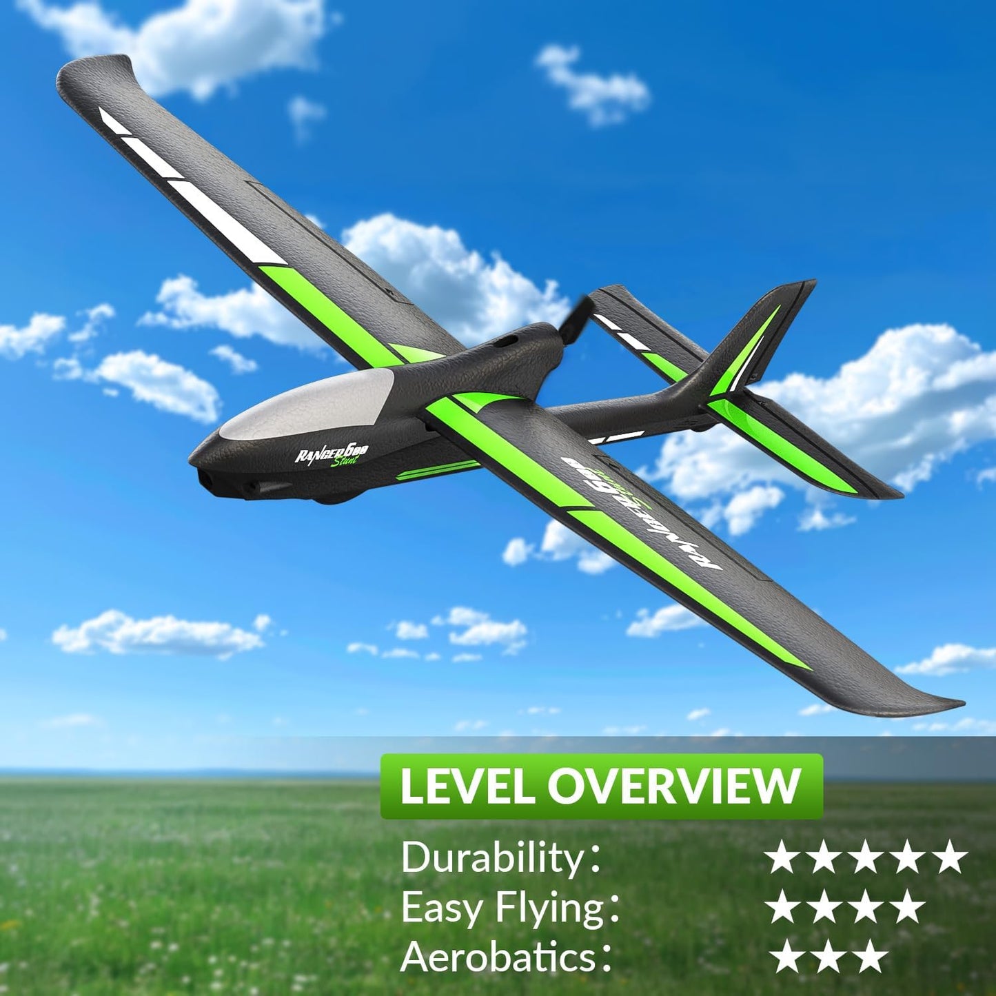 volantexrc RC Plane, 4CH Remote Control Glider Airplane RTF with 6-Axis Gyro, 3 Modes & Aerobatics Easy to Fly, 2.4GHz Radio Controlled Aircraft for Beginners& Adults, Ranger600 Stunt, Black