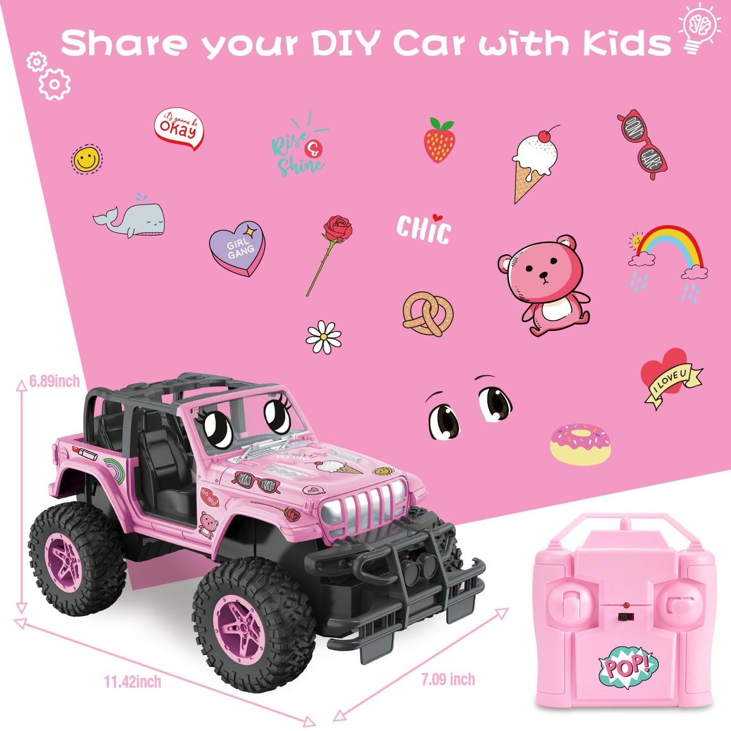 NQD RC Cars with DIY Sticker, Pink Remote Control Car for Girls, 2.4Ghz Jeep RC Trucks, Little Girl Toys Birthday Xmas for 3 Years Old and Up