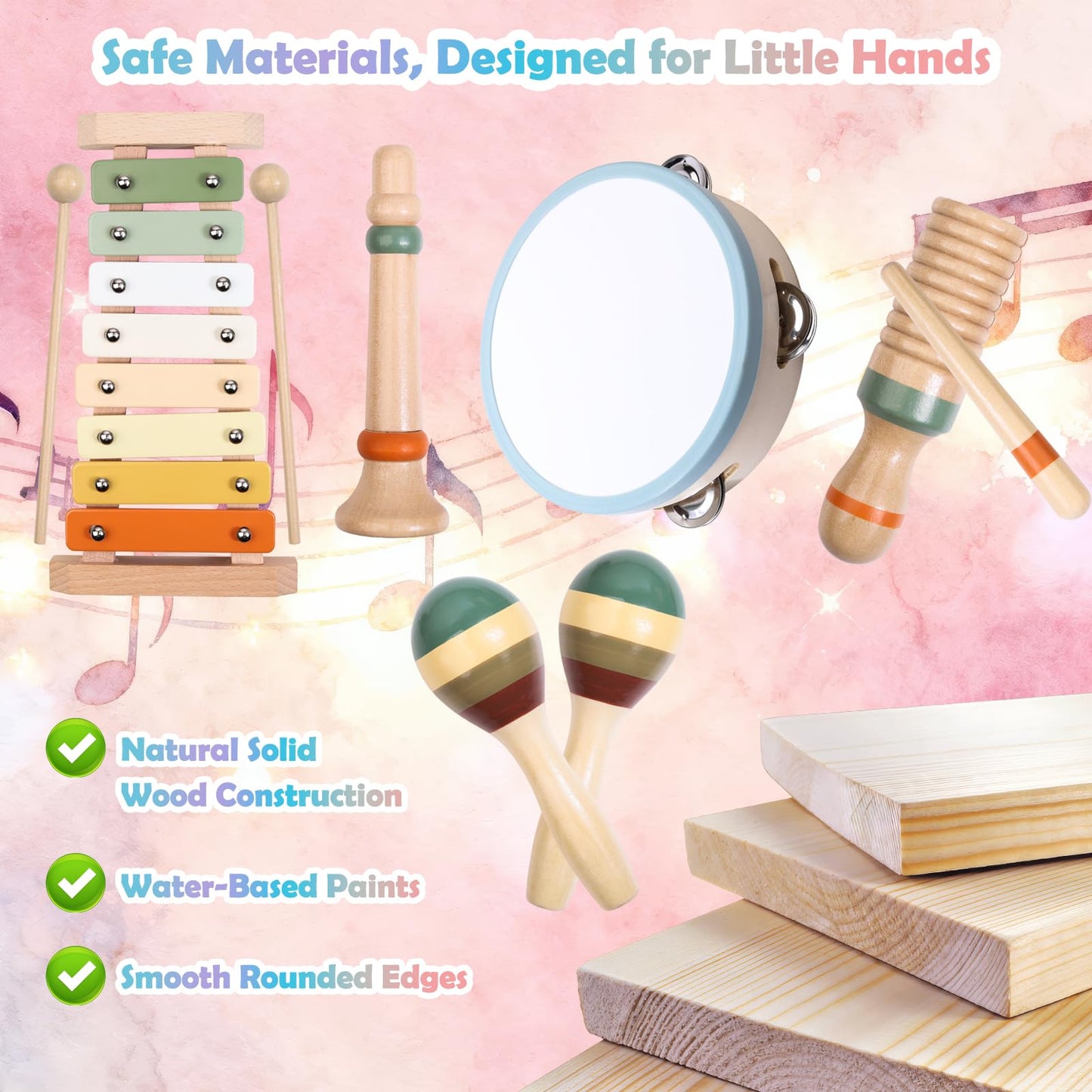 Baby Musical Instruments Set - Montessori Wooden Baby Musical Toys, Toddler Percussion Instruments Xylophone Maracas Tambourine for Toddlers 1-3, 1 2 3 Year Old Girls Boys Birthday Music Toys Gifts