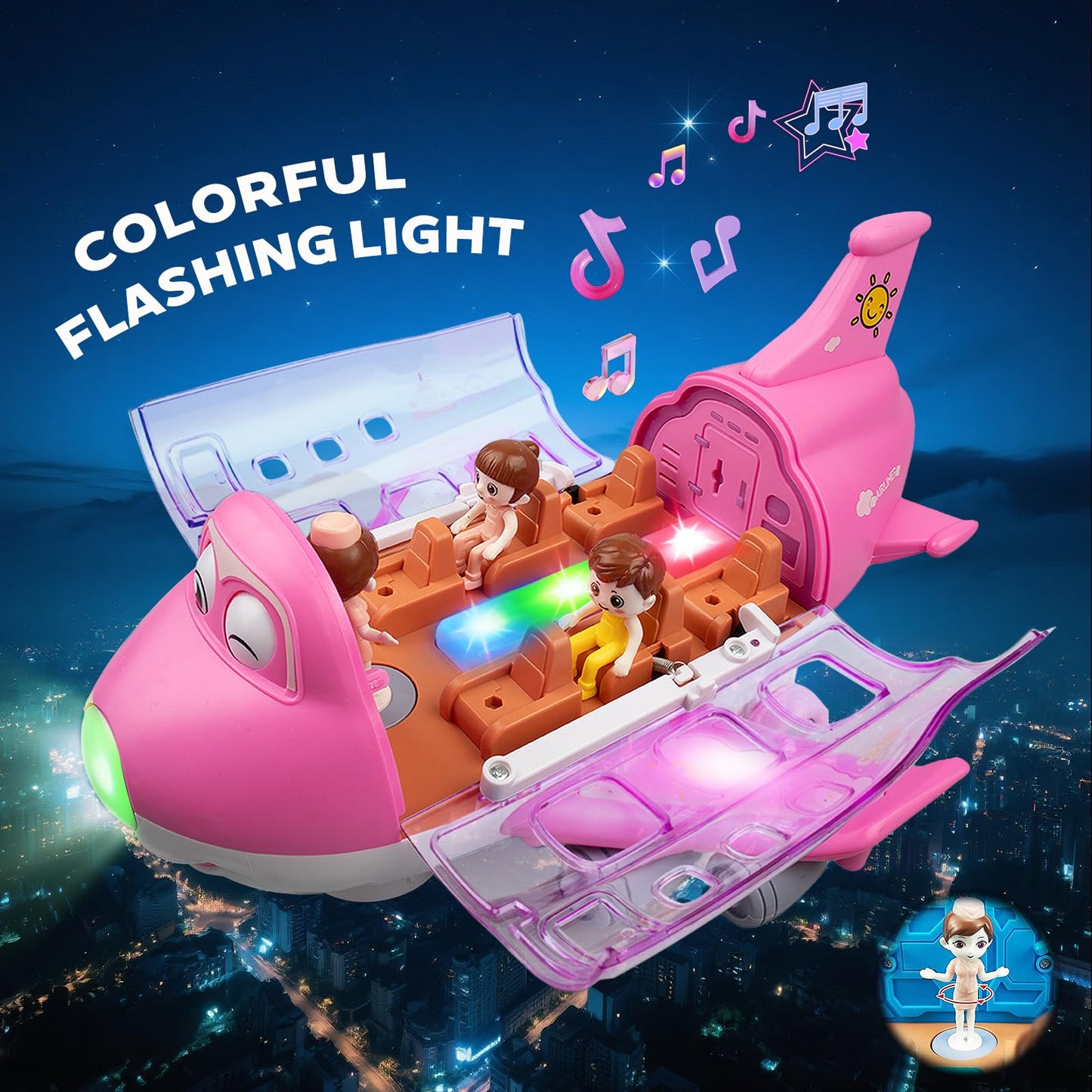 victob Pink Airplane for Toddler 1-3-5, Bump and Go Action Toy Airplane with LED Flashing Lights & Sounds, Birthday Gifts for Boys Girls Ages 4-8 Year Olds (Pink)