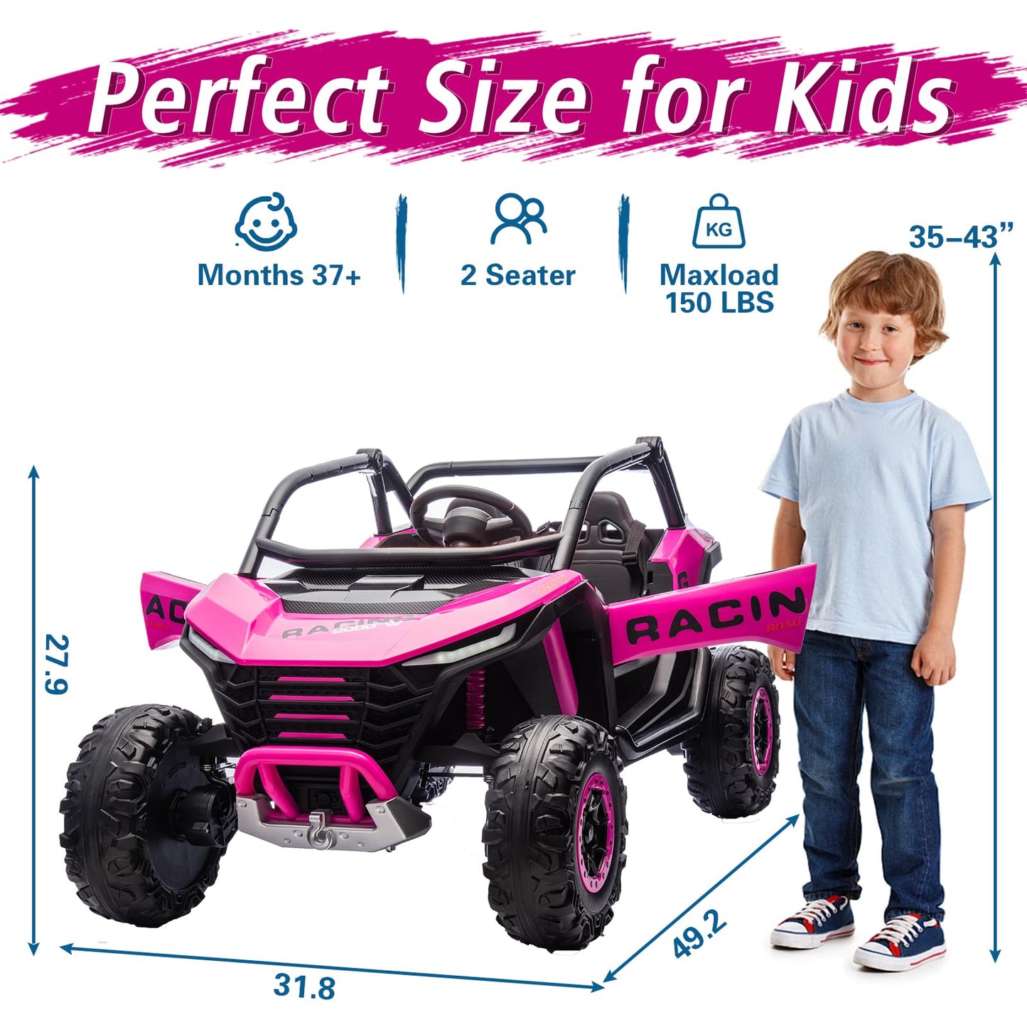 POSTACK 2 Seater Ride on Car with Remote Control, XXL 24V 7Ah 4WD Battery Powered Vehicles for Kids to Drive, Outdoor Riding Toys for Toddlers Boys Girls w/Bluetooth, LED Lights, Pink