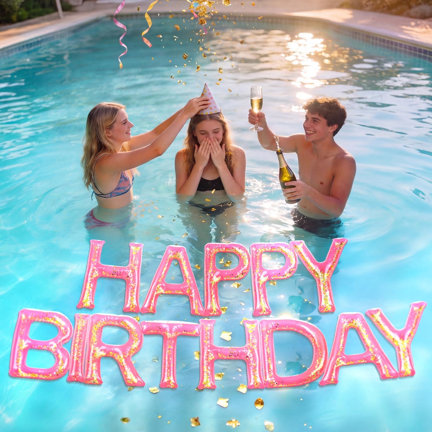 Happy Birthday Pool Floating Letter Balloons, 20'' Inflatable Pool Birthday Decorations with LED Lights,Adhesive Dots, Pink Gold Confetti, Reusable PVC Large Floating Letters for Pool Party