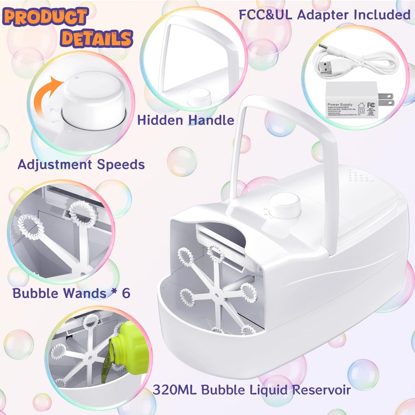 Bubble Machine, Automatic 18000+ Per Minute Big Bubbles Blower Maker for Kids Toddlers with 2 Speeds,6 Wands,Operated by Plugin or Batteries for Outdoor/Indoor Birthday Parties,Wedding (White)
