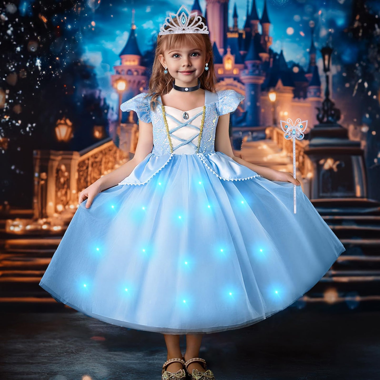 G.C 11PCS Light Up Cinderella Costume Dress for Girls Kids Princess Dress Up Clothes with Crown Wand Earrings Necklace Gloves Toys Accessories Halloween Cosplay Outfit for Little Girls Toddlers