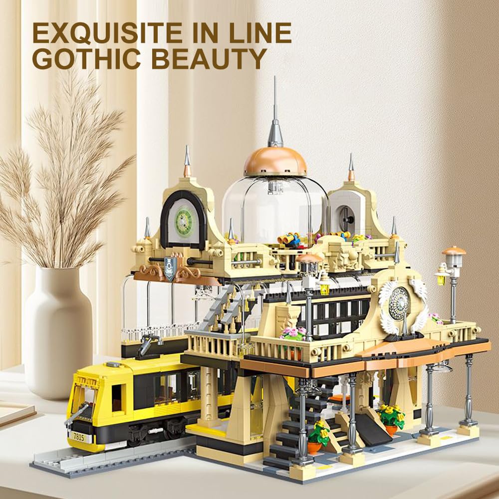 Wyiauy European Style Railway Station Architecture Building Set,Steampunk Railway Station with LED Light Building-Bricks Set 1945 Pieces for Adults and Teens