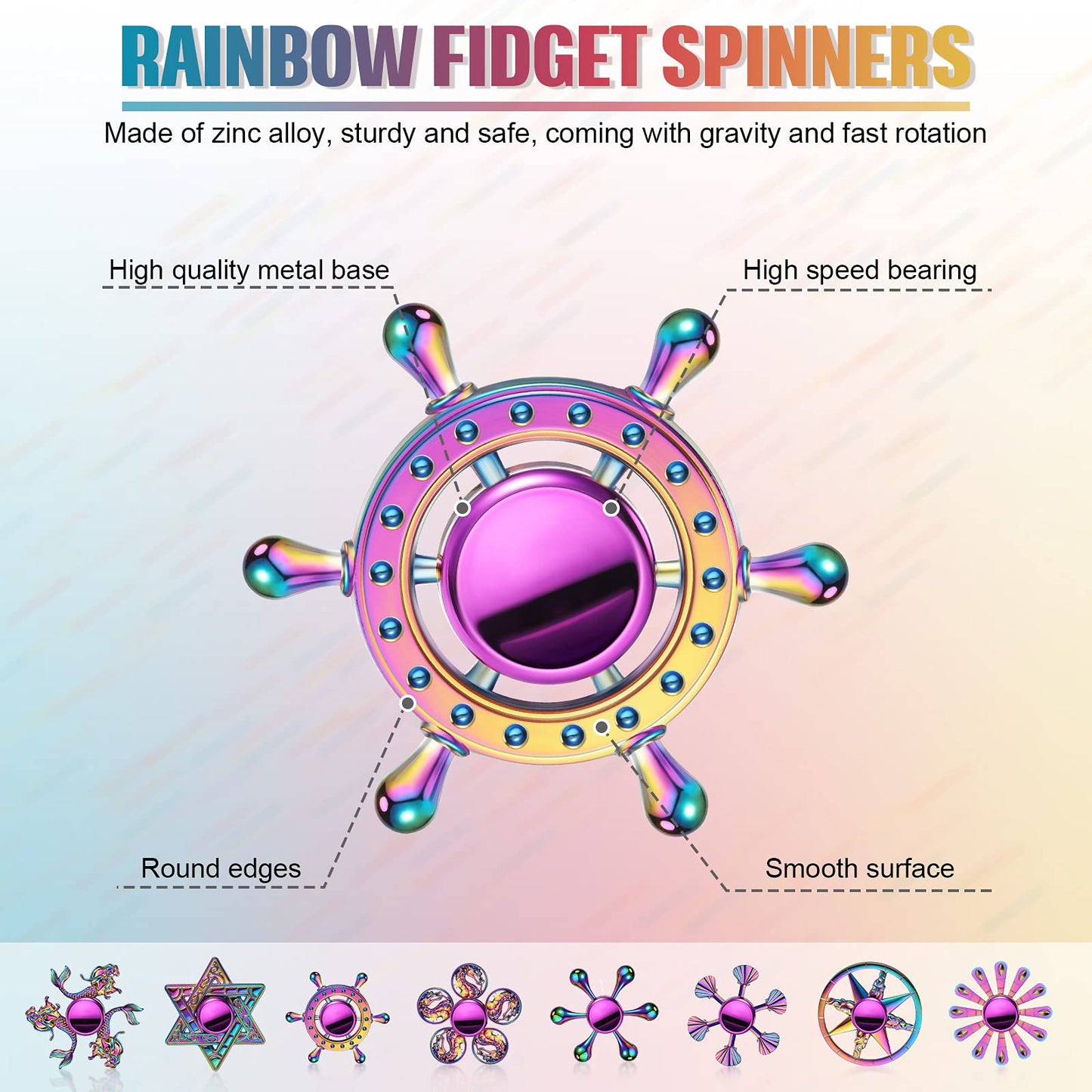 Lewtemi 8 Pieces Rainbow Metal Spinner Cool Finger Spinners High Speed Hand for Stress Anxiety Relief Gift for Adults and Teens(Chic Style)