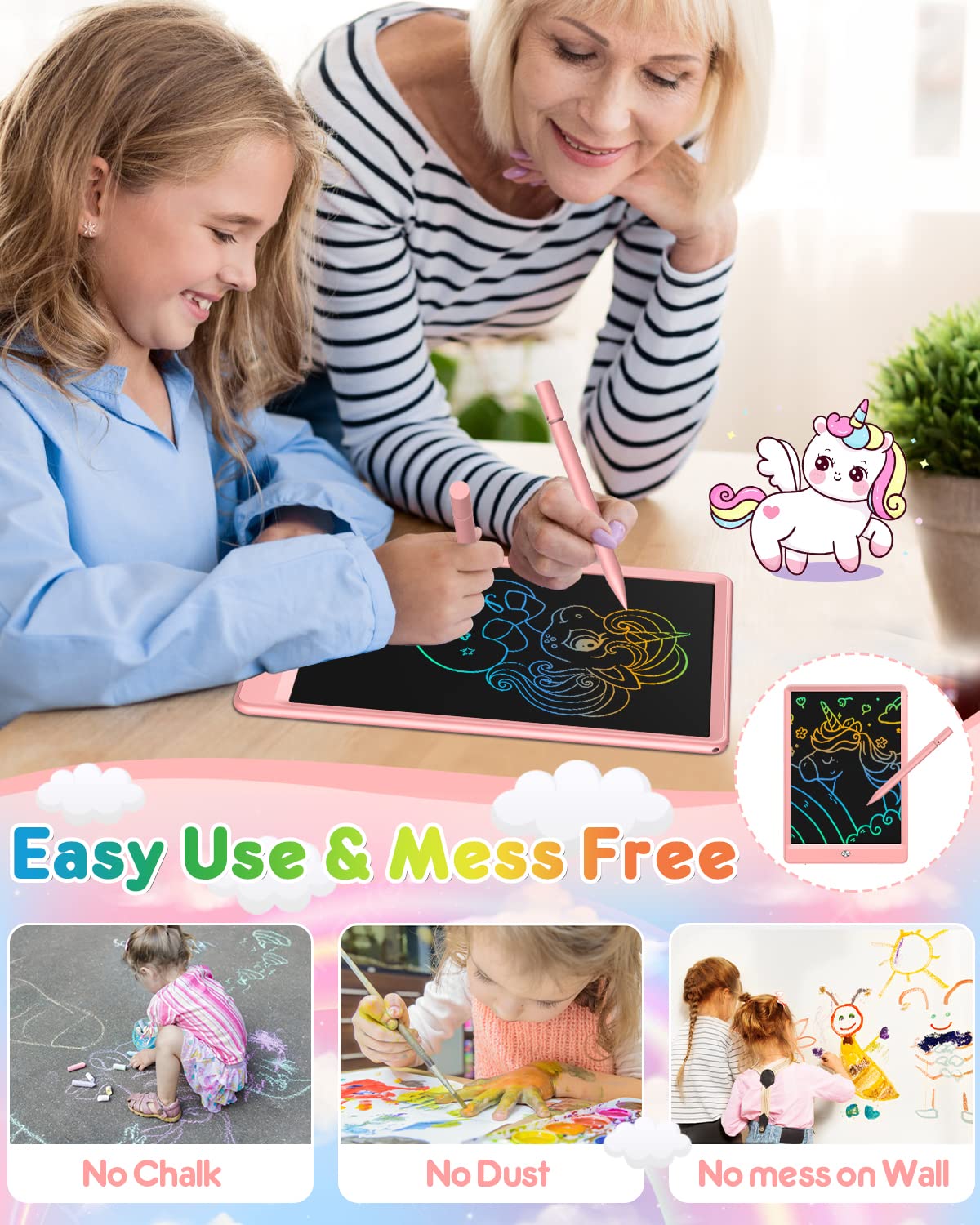 FLUESTON LCD Writing Tablet, 10 Inch Doodle Board Toys Gifts for 3-8 Year Old Girls Boys, Colorful Electronic Board Drawing Pad for Toddler Easter Basket Stuffer for Kids, Educational Travel Toy