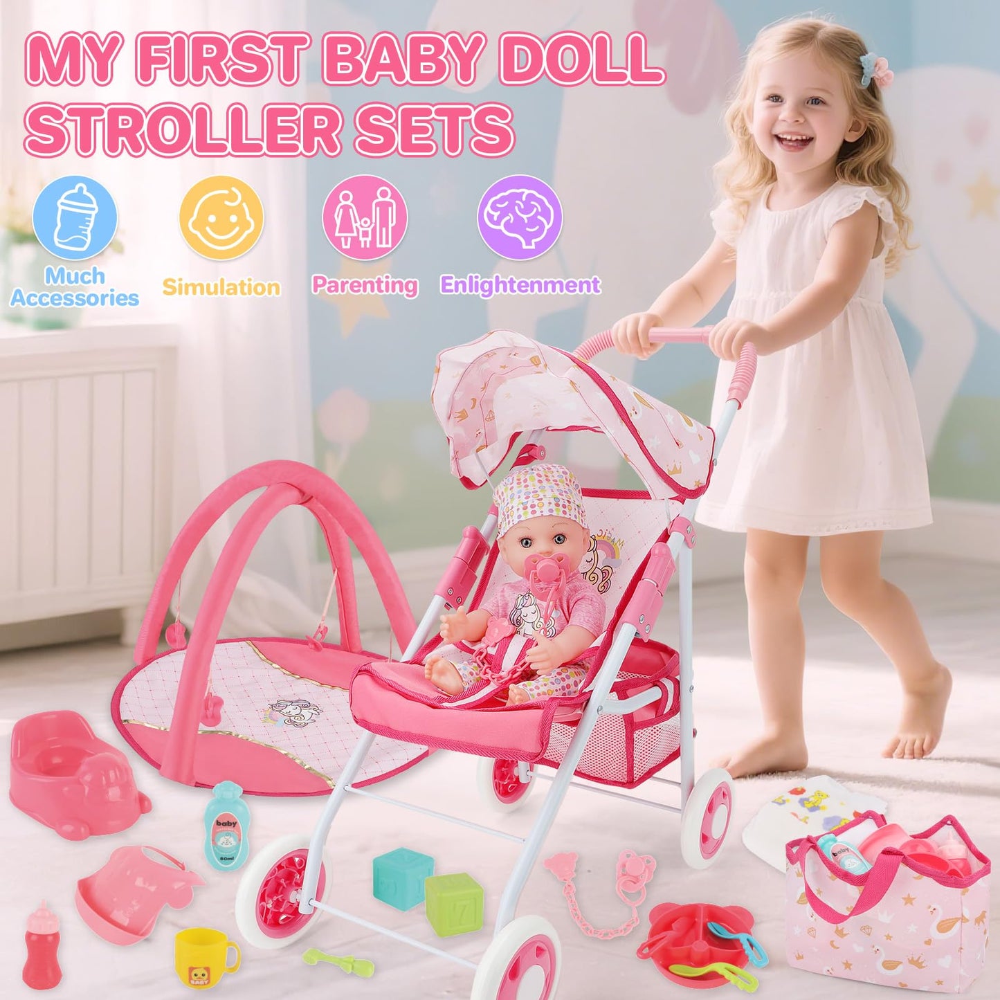deAO Baby Doll Stroller Set with 12" Baby Dolls Nursery Playset 17 PCS Baby Doll Accessories with Play Mat,Storage Bag,Baby Stroller Toys for Girls Toddlers 3+ Pretend Play Gifts