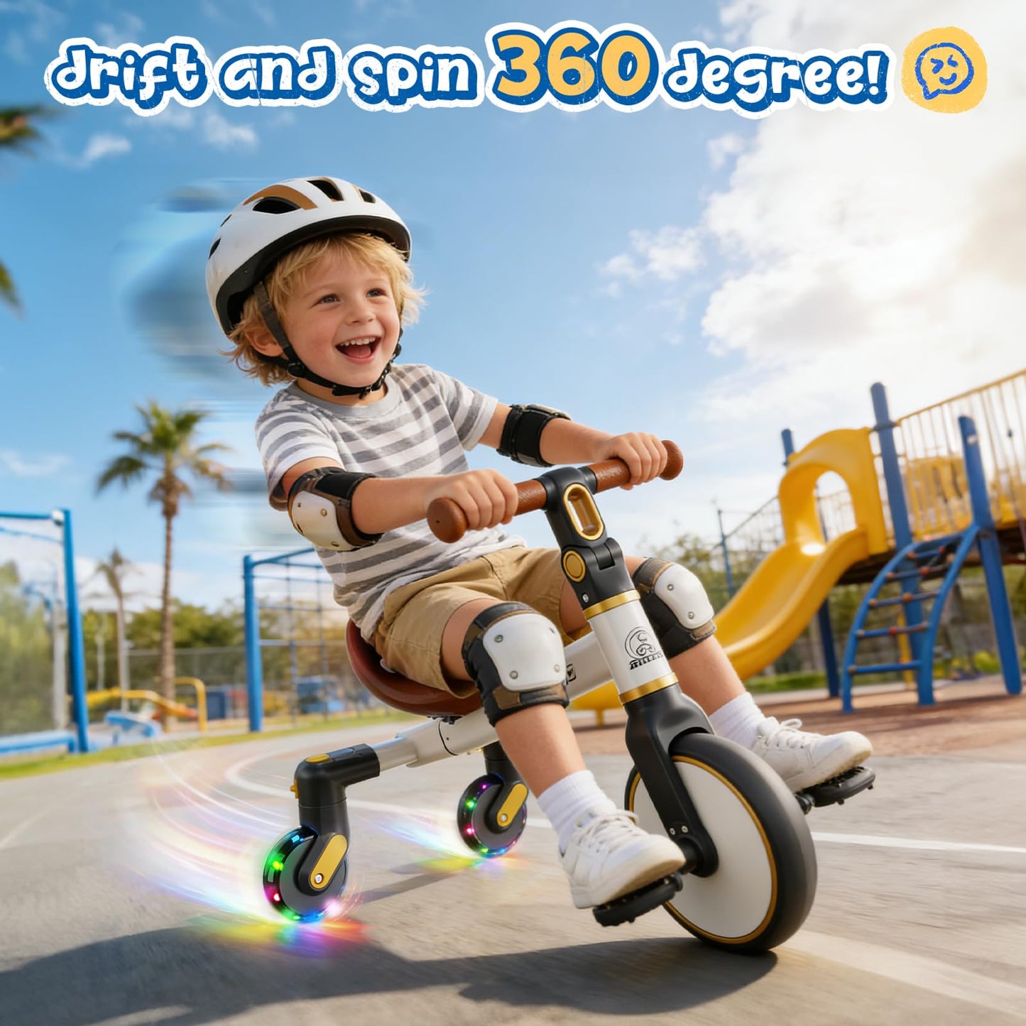 Ridego 3-in-1 Toddler Tricycle for 2-5 Years, Drift Trike with 360° Spin, Light Up Wheels, Adjustable Seat, Toddler Bike for Boys Girls