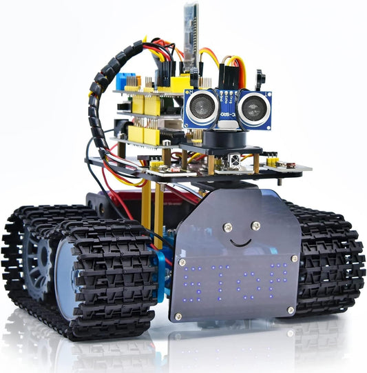 KEYESTUDIO Mini Tank Kit V2 Smart Car for Arduino, IR Infrared and App Remote Control (iOS and Android), Light and Ultrasonic Follow, 8X16 LED Panel, Ultrasonic Obstacle Avoidance,15+