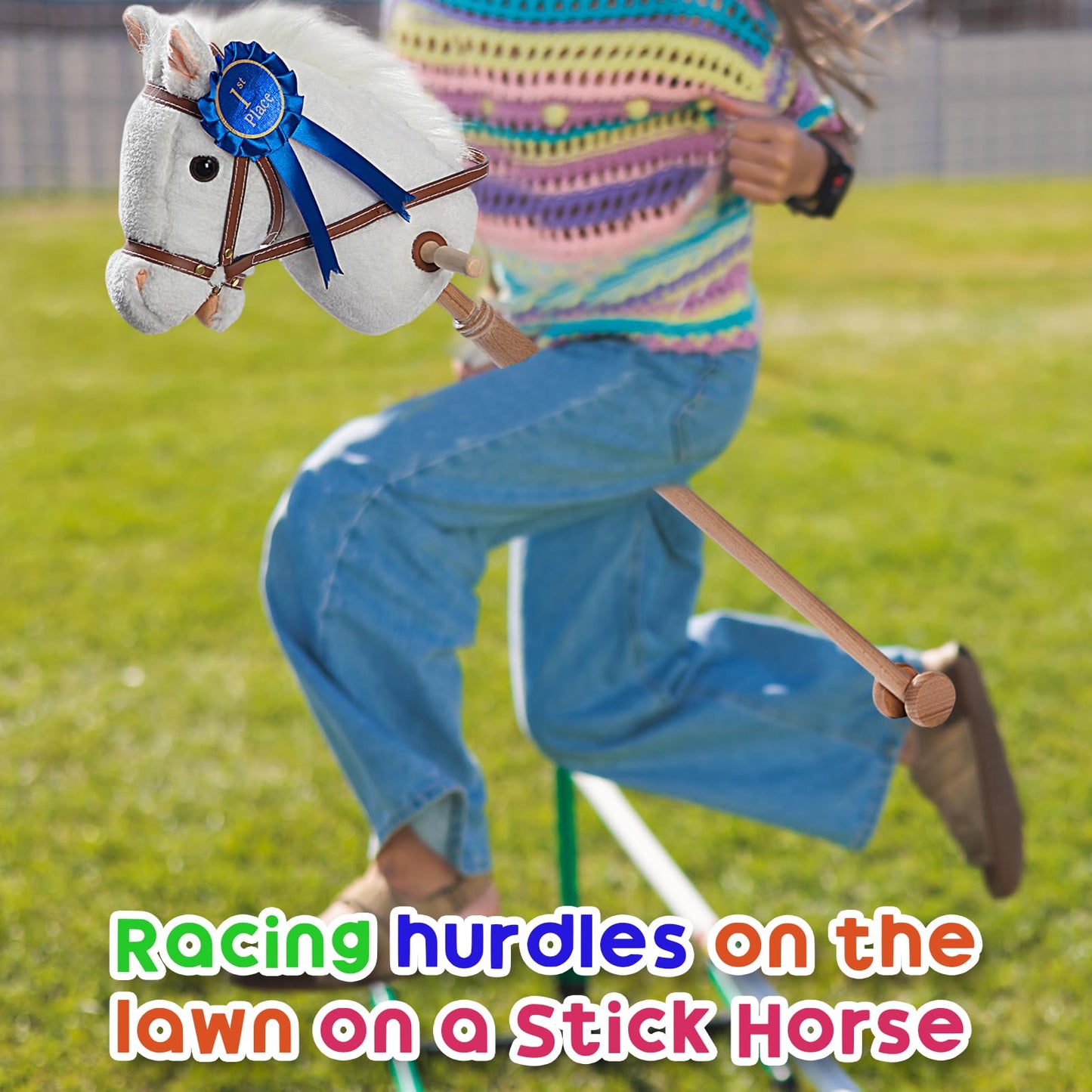 HollyHOME Stick Horse Plush with Detachable Blue Ribbon Champion Hobby Horse on Stick with Wood Wheels Real Pony Neighing and Galloping Sounds for Kids Toddlers White 36 Inches(AA Batteries Required)