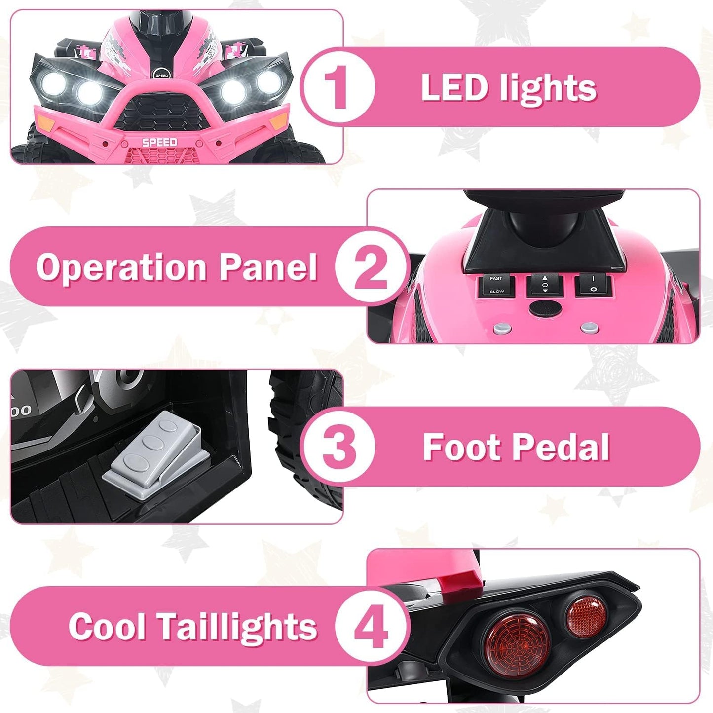 INFANS Kids Ride on ATV, 12V 4 Wheeler Quad Toy Vehicle with Music, Horn, High Low Speeds, LED Lights, Electric Ride On Toy, Battery Powered Wheels Car for Kids 3-8 Years Old (Pink)