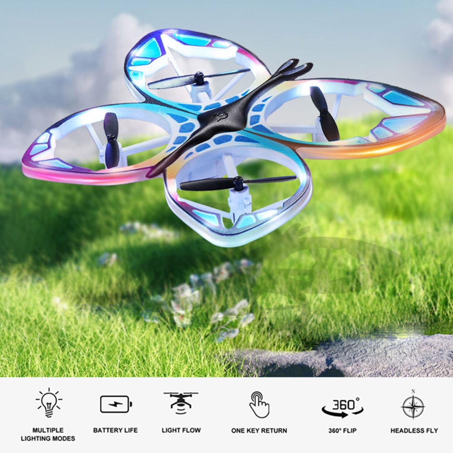 Dodoore Mini Drone for Adults, RC Butterfly Drone with Colorful LED Lights, RC Quadcopter with 3D Flips, Headless Mode, Altitude Hold, 2 Batteries for Beginners (Blue)