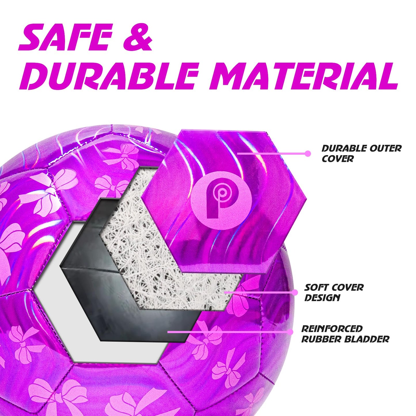 PP PICADOR Soccer Ball Size 4 Glitter Pink - Kids Aged 4-6 6-8 8-12 Outdoors Sports Training Ball Recreation Playing Ball Teens Girls Boys Children Youth Back to School Birthday(Purple Bow)