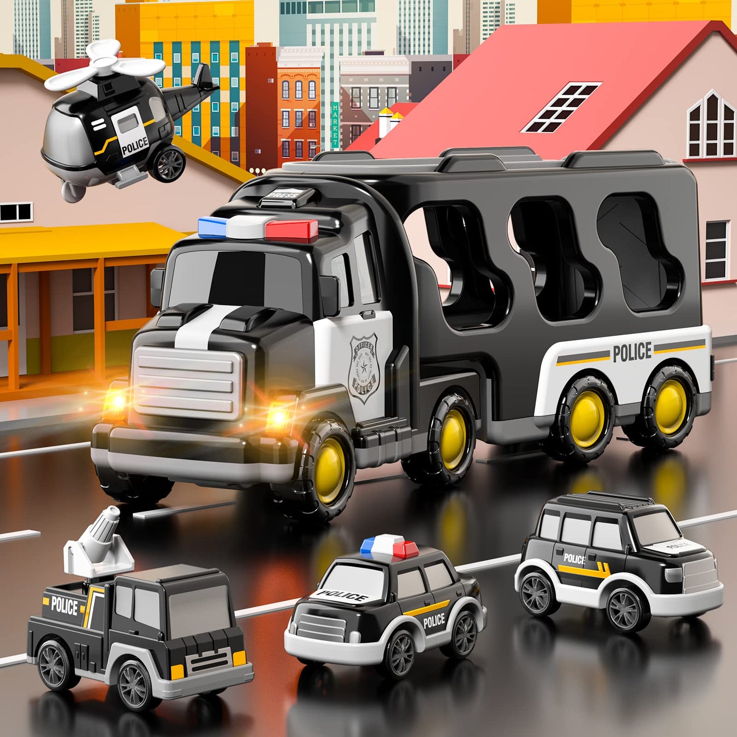 Bennol Toddler 5 in 1 Police Truck Toys for 1 2 3 4 5 Year Old Boys, Police Rescue Vehicles Car Trucks Bus Helicopter for Kids Ages 1-3 3-5, Car Toys for 1 2 3 4 5 Year Old Boys Girls Birthday Gifts