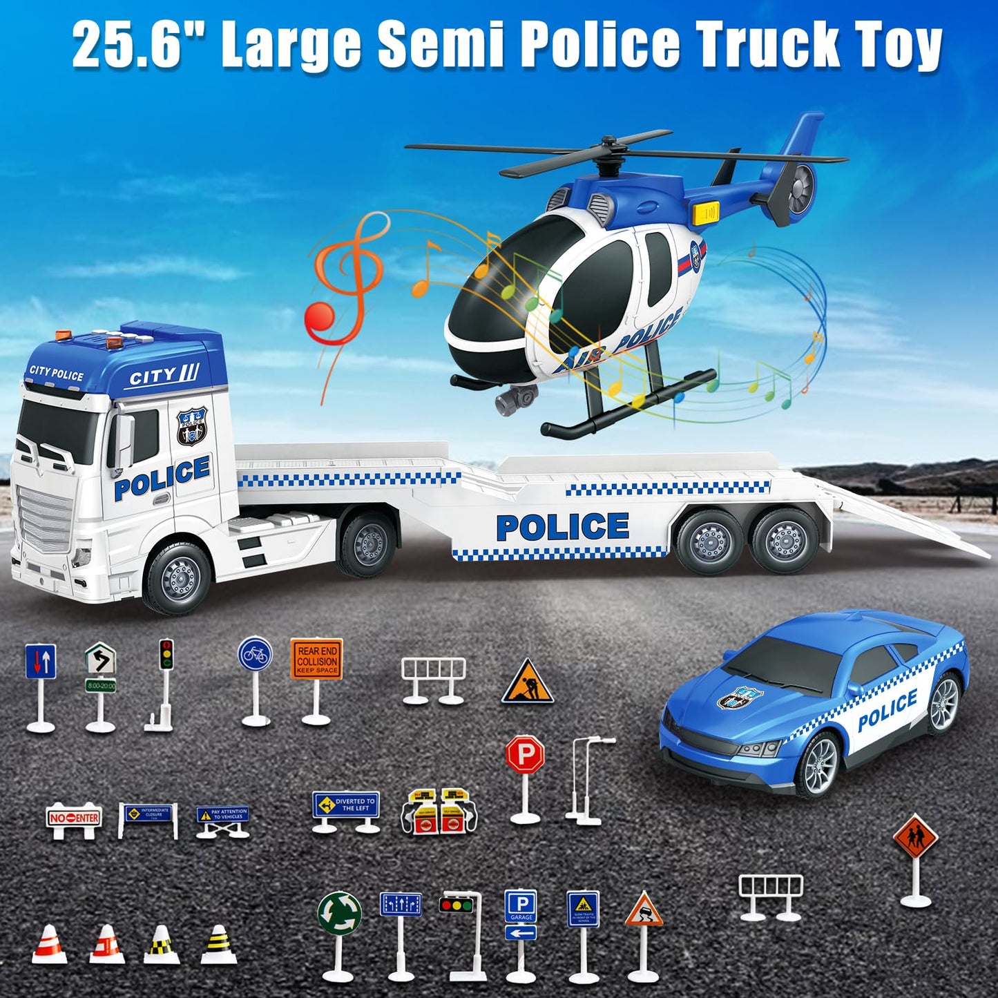 Yiwsnust Police Truck Toy 25.6" Large Semi Truck with Racing Car and Helicopter, Kids Police Car Toys with Light & Sound, Play Vehicles Cars Toys Birthday Gift for Toddler Boys Age 3 4 5 6