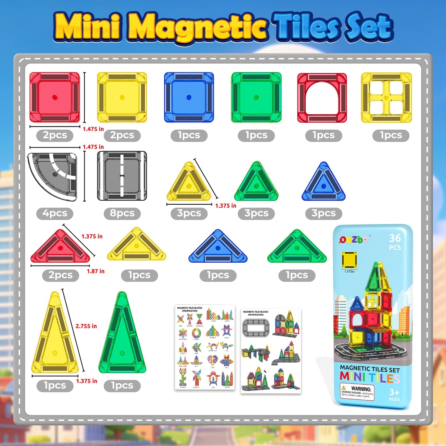 ORZbb Mini Magnetic Tiles Road with Case Toddler Travel Toys Trip Essentials Set, Magnetic Building Blocks Toys for 3 4 5+ Year Old Boys Girls Montessori Sensory Learning Easter Birthday Gifts