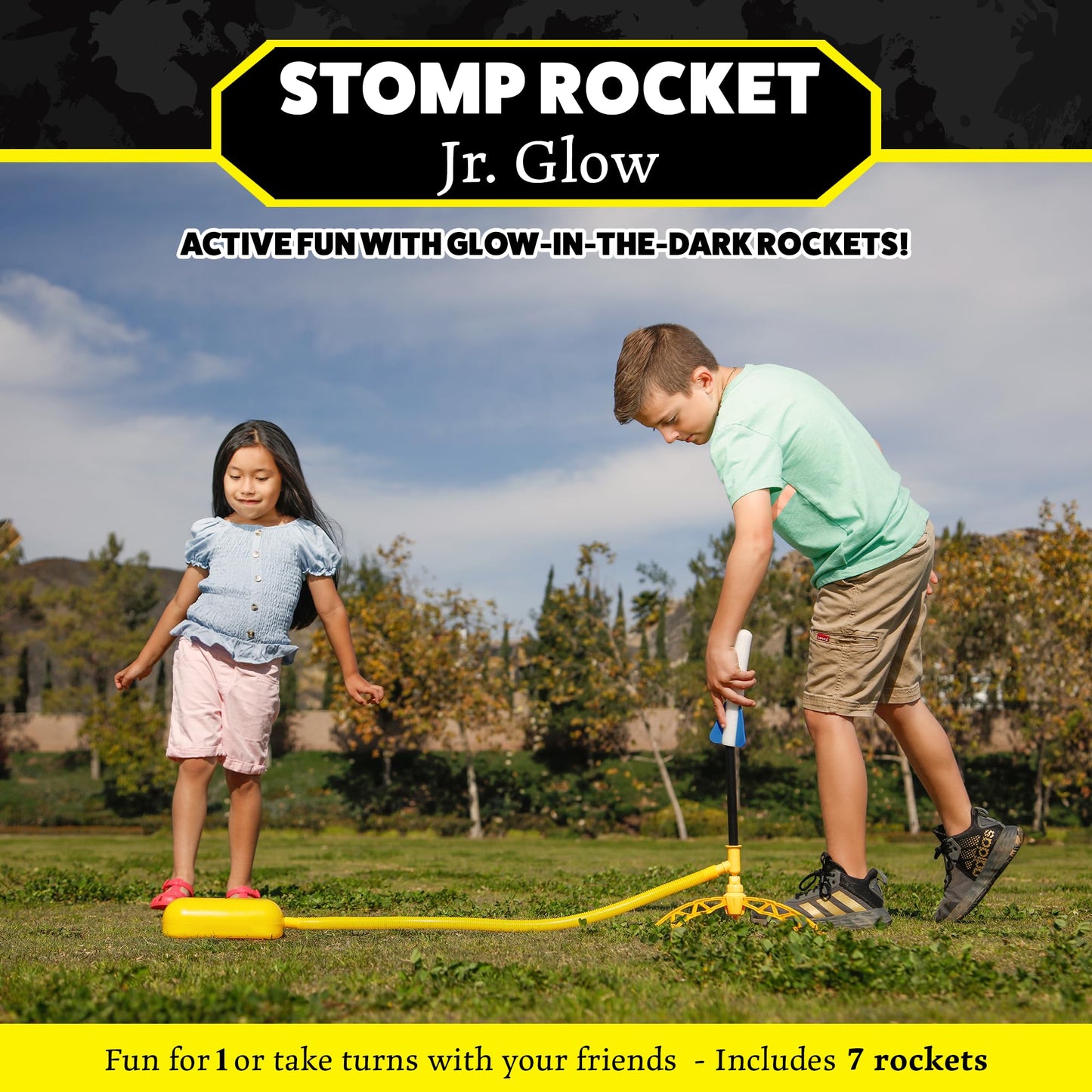 Stomp Rocket Jr Glow Rocket Launcher for Kids, 7 Rockets - Glow in The Dark Fun Backyard & Outdoor Kids Toys Gifts for Boys & Girls -Toy Soft Foam Blaster Set - Multi-Player Adjustable Launcher Stand