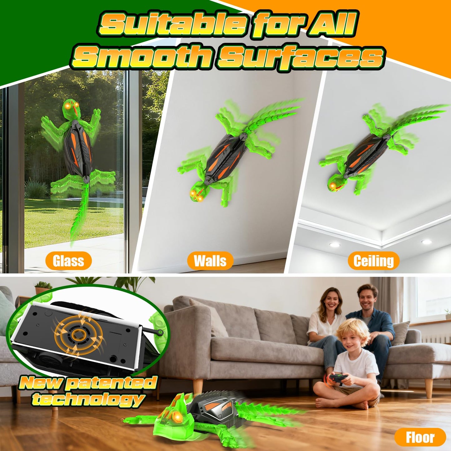 Glow-in-The-Dark Wall-Climbing Gecko Toy, Rechargeable Remote Control Lizard with LED Eyes, Lizard Wall Crawler, 360° Rotating & Dual-Surface Crawler for Floor and Wall,Gift for Kids Ages 3+,Birthday