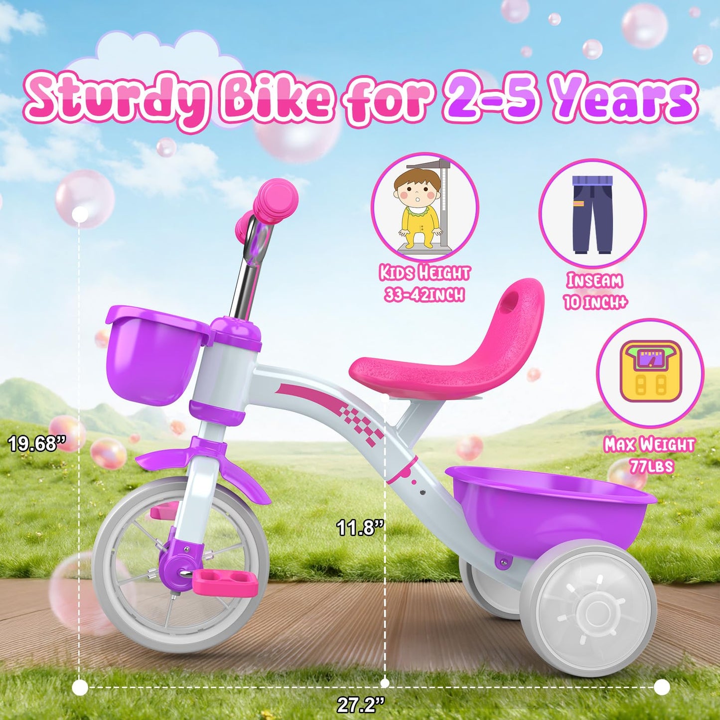 Kkdi Toddler Tricycle for 1-3 3-5 Year Olds, 2 3 4 5 Year Old Girl Birthday Gifts, Purple Toddler Baby Bike, 4-Level Adjustable Seat, 3 Color Light Wheels, 2 Baskets, Outdoor Riding Toys for Ages 2-4