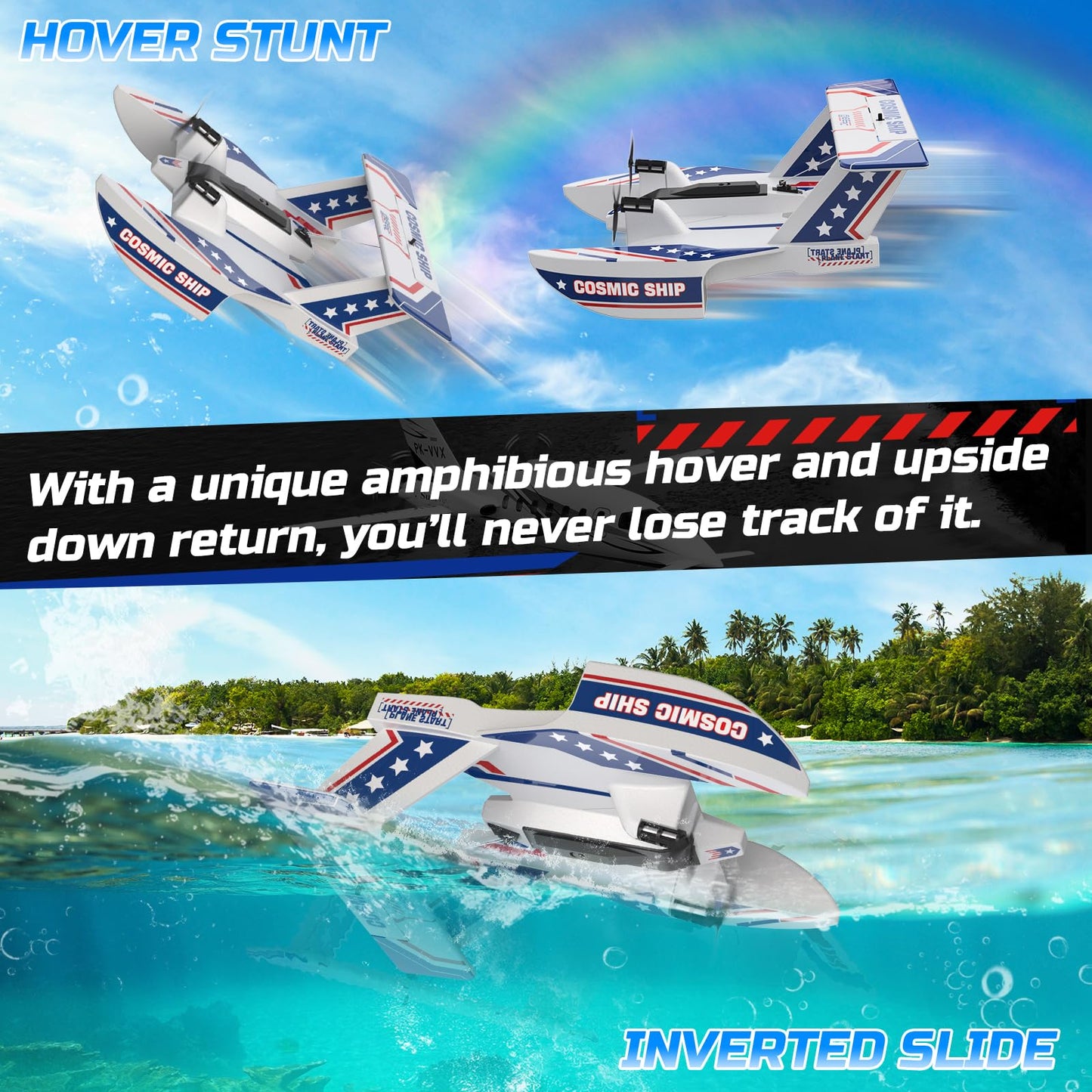 DEERC 3CH Amphibious RC Plane for Water, Land & Air, Remote Control Airplane Flying Boat Toys,2.4GHz 6-axis Gyro Stabilizer RTF Glider Aircraft Jet for Kids Adults Beginners Boys