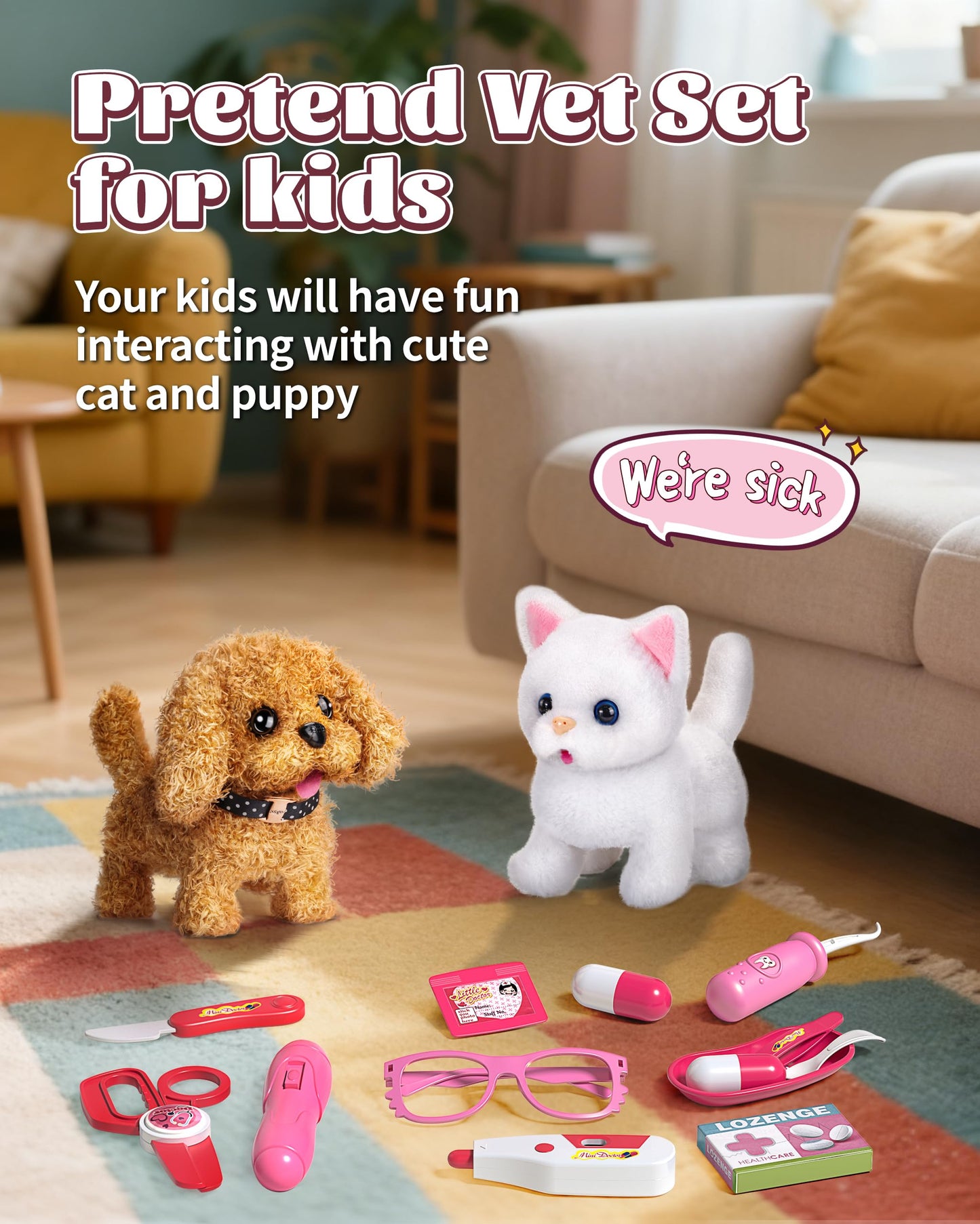 Pet Vet Kit for Kids with 2 Plush Pets (Dog & Cat) & Doctor Costume - 36Pcs Interactive Veterinarian Playset for Toddlers 3-5 to Overcome Fear of Doctors- Pretend Play Animal Hospital Toy Gift