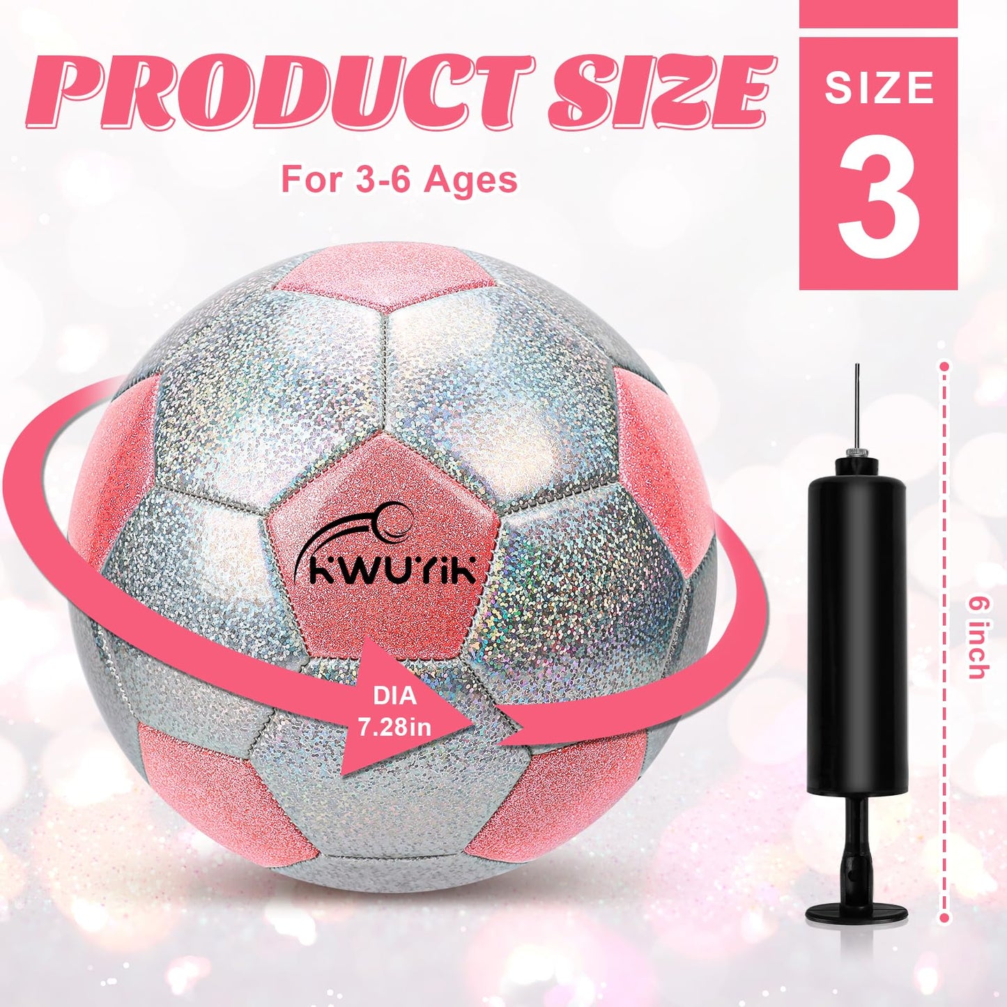 OKWUYiK Soccer Ball Size 3 Glitter Pink & Silver Spliced with Pump Toddler Soccer Ball for Kids Aged 3-6 Outdoor Training Ball for Girls Boys Children Youth Teens (Pink & Silver Spliced, 3)