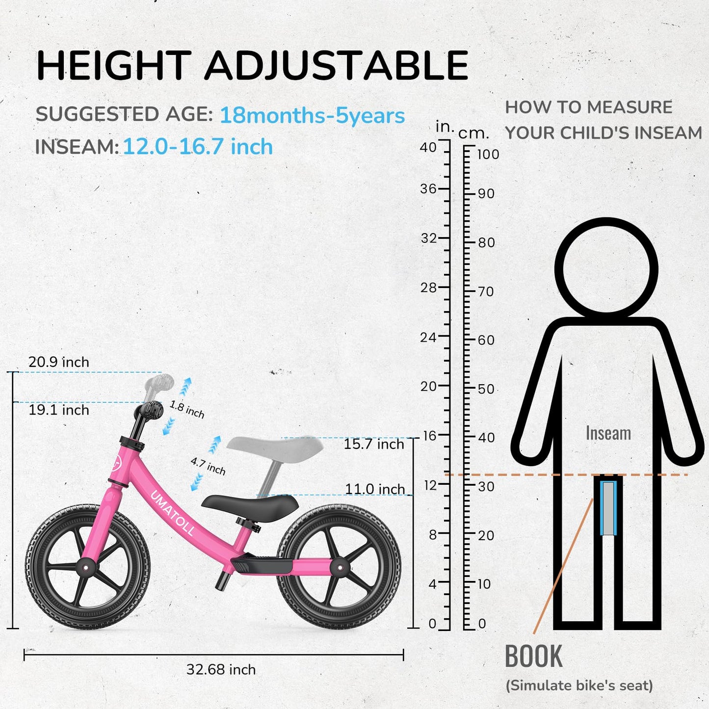 Umatoll Toddler Balance Bike 2 Year Old, Kids Bike Toy for 18 Months to 5 Years Old, Tool-Free Adjustment, Birthday Gifts for 2-3 Boys Girls, No Pedal (Rose Pink)