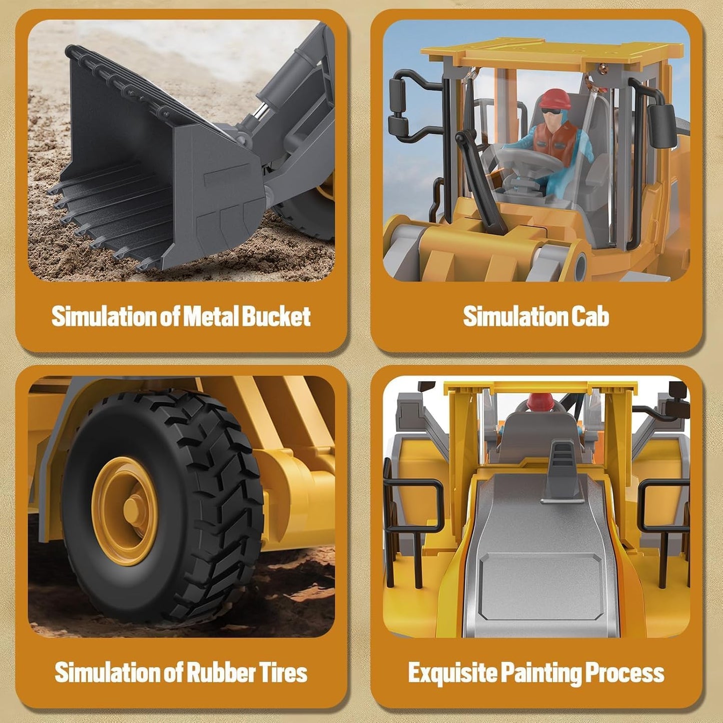 ADTHLIER Remote Control Excavator (11-Channel), Dump Truck, Bulldozer, Loader (9-Channel), 2.4GHz Remote Control Construction Vehicles, Metal Construction, with Cool Lights and Sound Effects, 4-Pcs