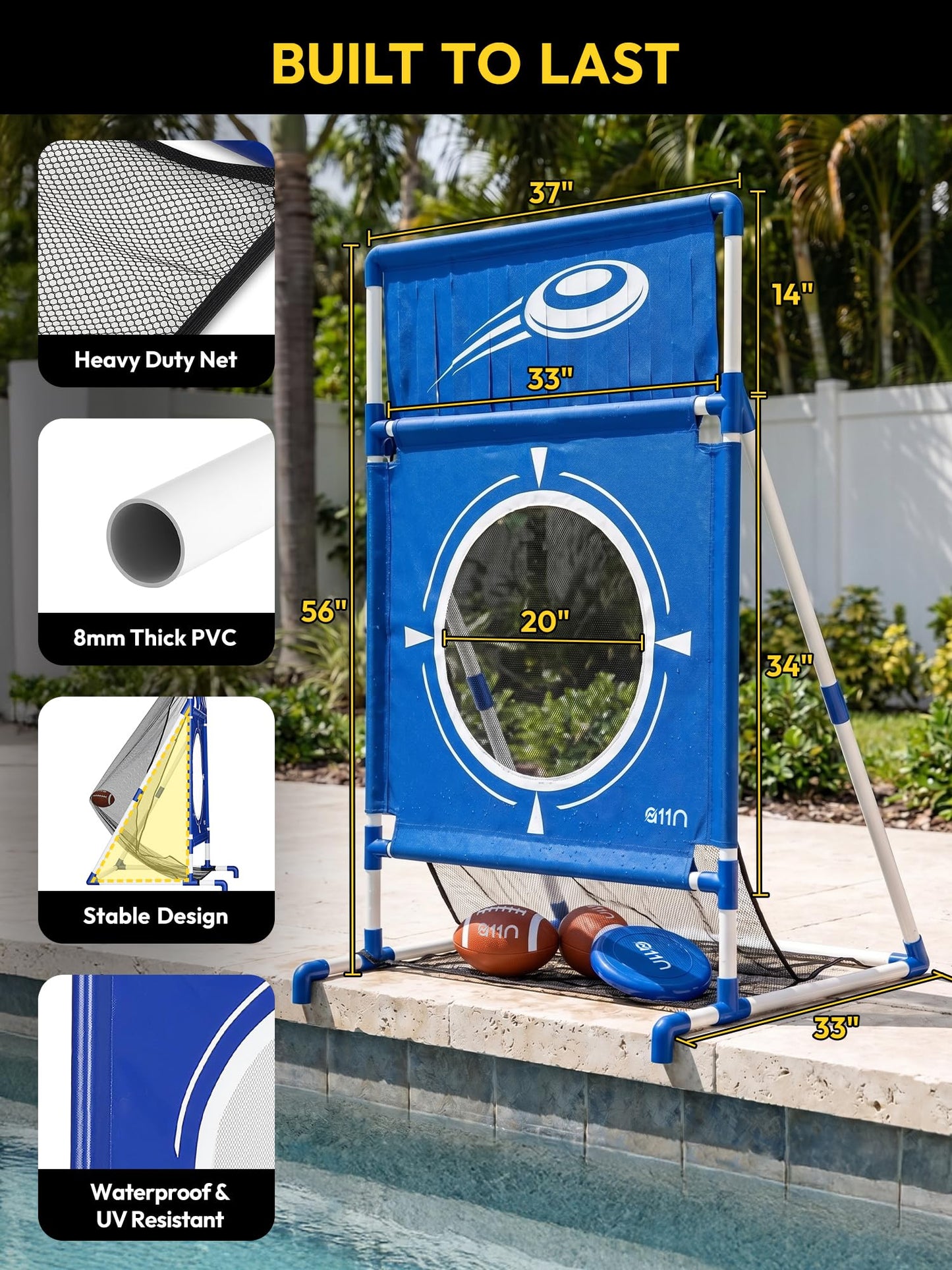 A11N SPORTS Poolside Target Game Set - 2-in-1 Outdoor Swimming Pool Toss Toy with Flying Discs & Foam Footballs, Backyard Water Party Games for Kids & Adults, Summer Fun Activities