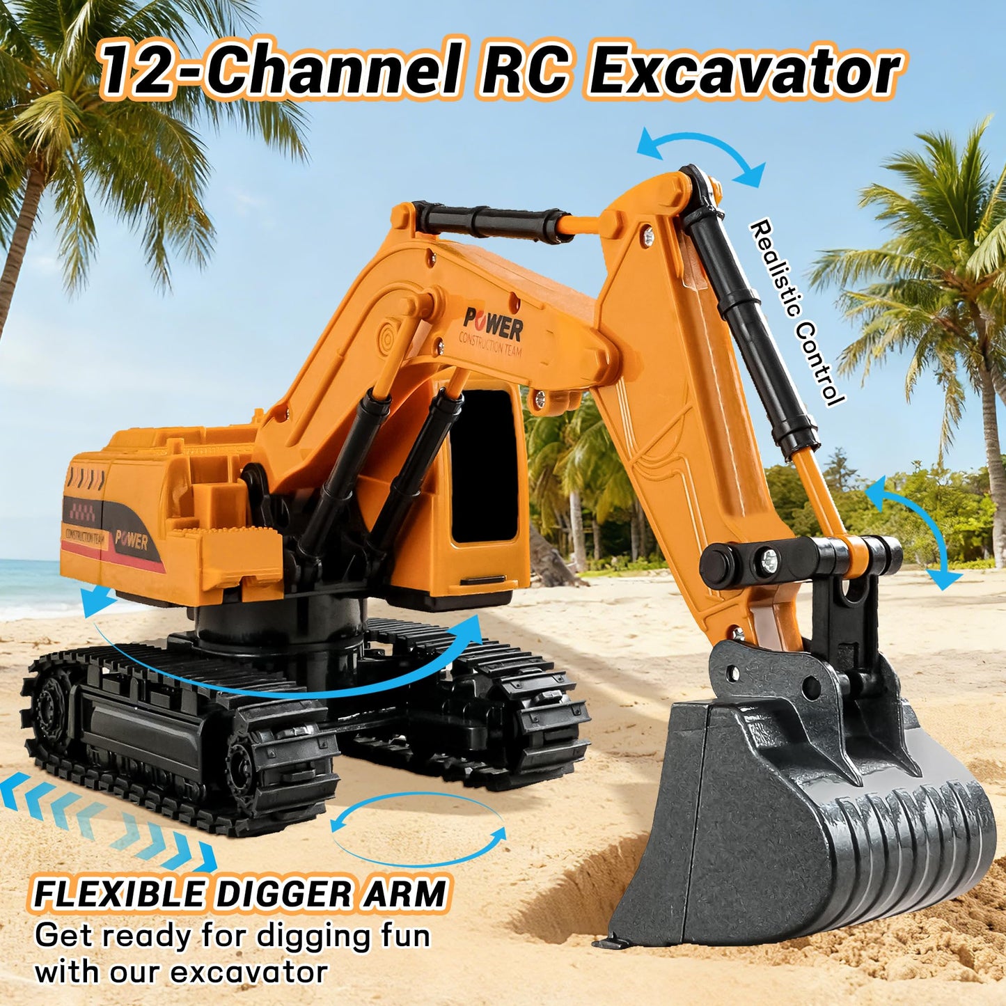 SANGQAOFU Remote Control Excavator Toy 12-Channel Mini RC Excavator with 2 Batteries & Metal Bucket Lights Sounds RC Digger Construction Vehicles Toys for Boys 3+ Years Old