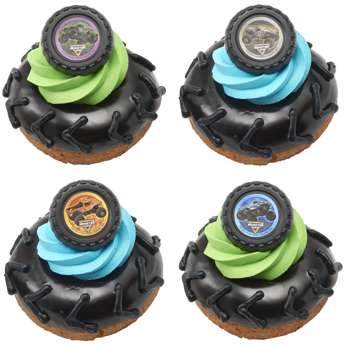 Monster Jam Rings, 24 Monster Truck Cupcake Toppers, Bright Colorful Truck Tire Cupcake Decorations, Food Safe - 24 Pack