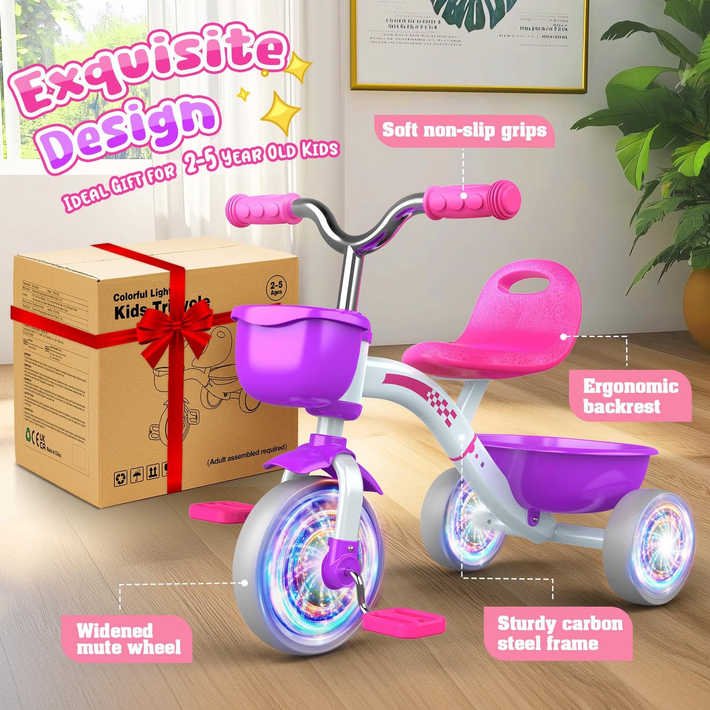 Kkdi Toddler Tricycle for 1-3 3-5 Year Olds, 2 3 4 5 Year Old Girl Birthday Gifts, Purple Toddler Baby Bike, 4-Level Adjustable Seat, 3 Color Light Wheels, 2 Baskets, Outdoor Riding Toys for Ages 2-4