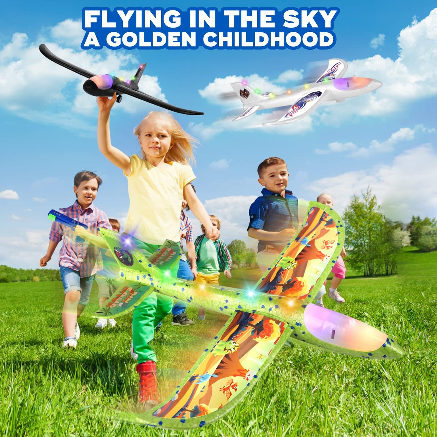 Onysurui 3 Pack Airplane Launcher Toy, 12.6" Foam 2 Flight Mode Led Plane Catapult Boy Toys with 3 DIY Stickers, Outdoor Flying Toys for Kids Gifts for 4 5 6 7 8 9 10 12 Year Old Boys Girls