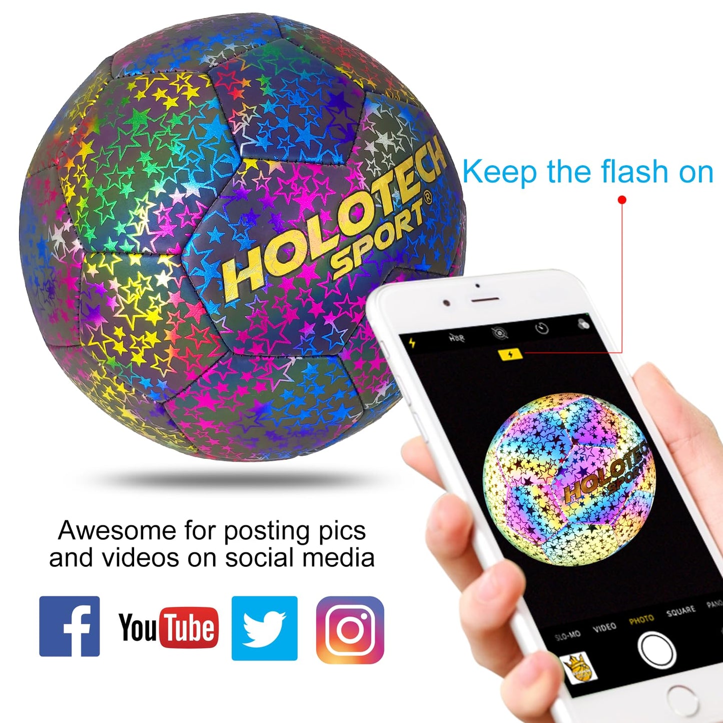 MILACHIC WTOPSBO Soccer Ball Size 5, Holographic Glow Soccer Ball, Bright PU Leather Soccer Balls for Night Games, Training, Ideal Gifts for Women and Men with Pump