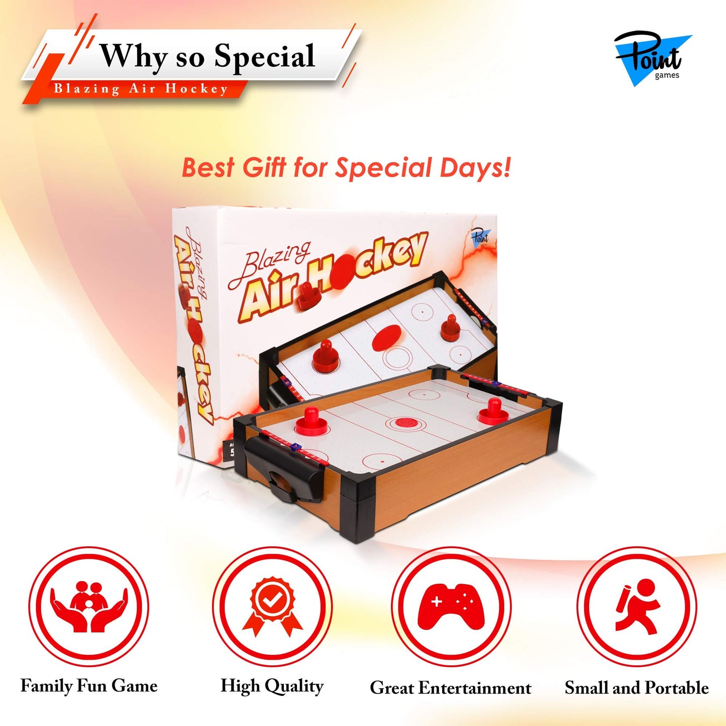 Point Games Mini Air Hockey Table for Kids - Hockey Table Game - Arcade & Table Games - Air Hockey Pucks and Paddles - Portable Sport Hockey for Boys and Girls
