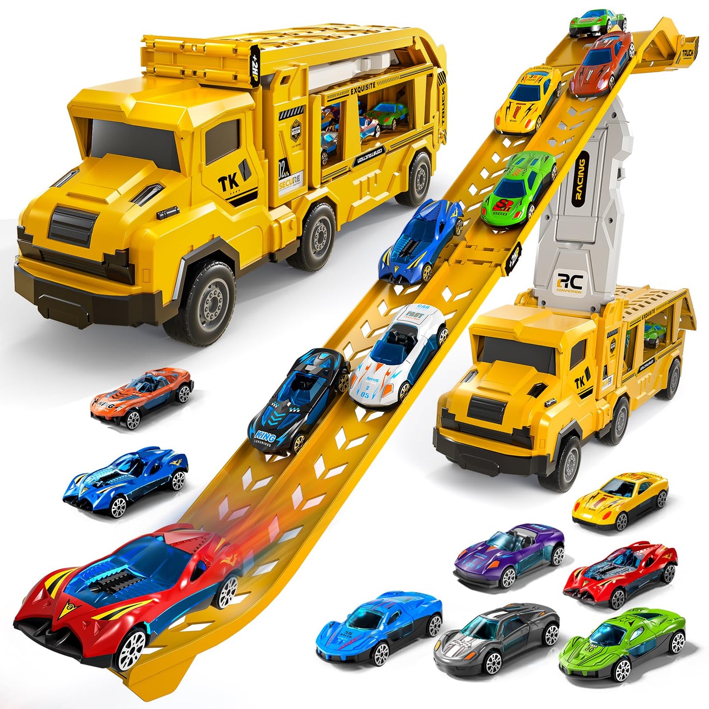 Transport Truck Toys for 3 4 5 6 7 Years Old Boys,Toy Cars Track Set Transporter Trucks with 12 Die-Cast Car Toys 2 Race catapults Dual-Track Model,Toddler Set for Kids Boys Girls,Yellow