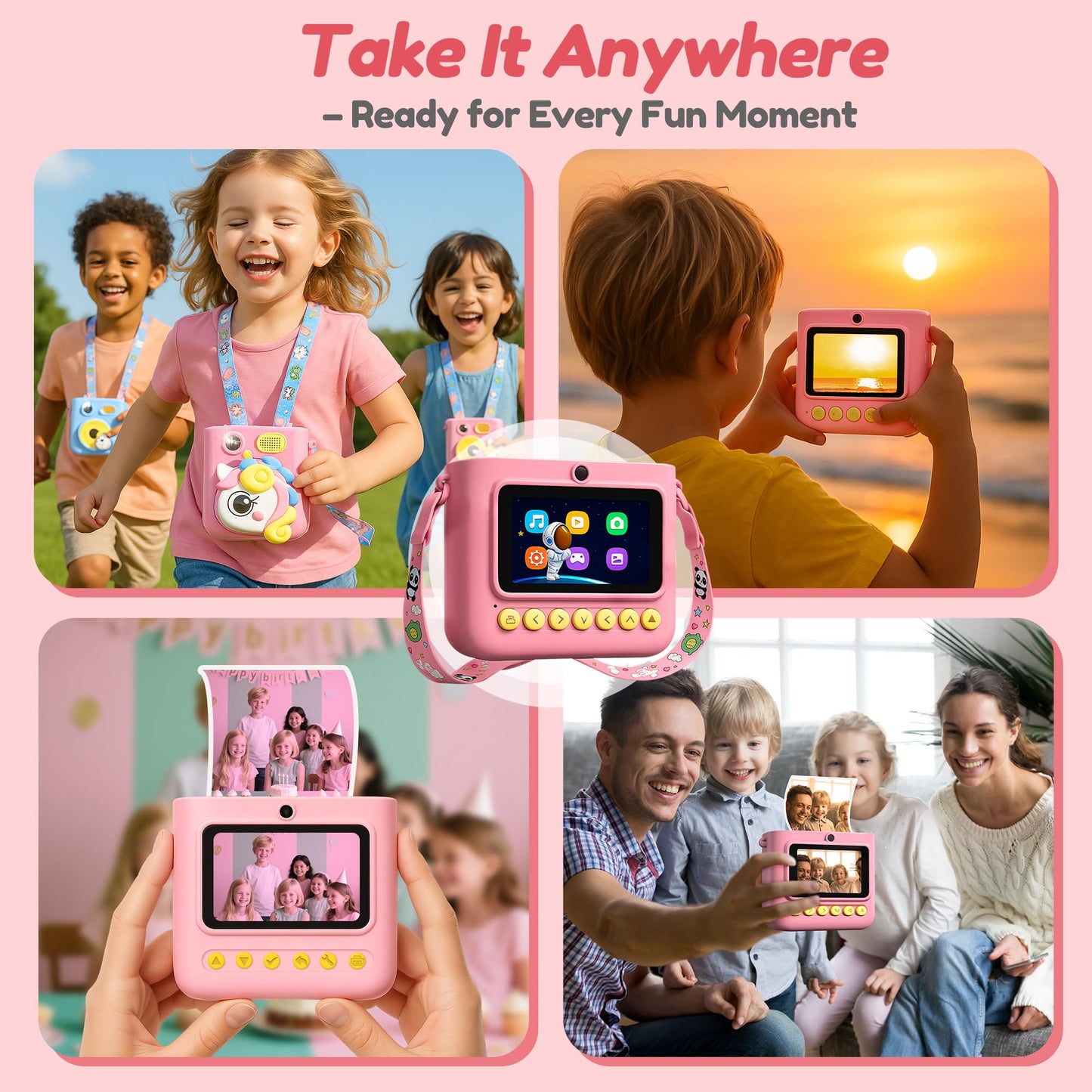 ROHSCE Instant Camera for Kids, Digital Print Camera 48MP 1080P, Color & B&W Printing, 2.4" Display, USB-C Rechargeable, 32GB Card, Christmas & Birthday Gifts for 3-12 Year Old Girls Boys (Pink)
