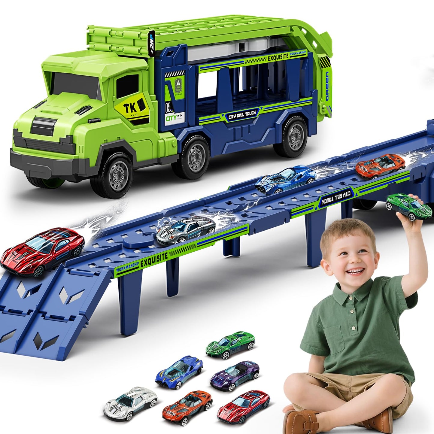 Truck Car Toys for 3, 4, 5, 6, 7, 8 Years Old Kids, Carrier Truck Race Track Toys, Foldable Transport Car Toys with 2 Foldable Race Tracks, 6 Metal Cars, Birthday Gifts for Toddler Boys Girls