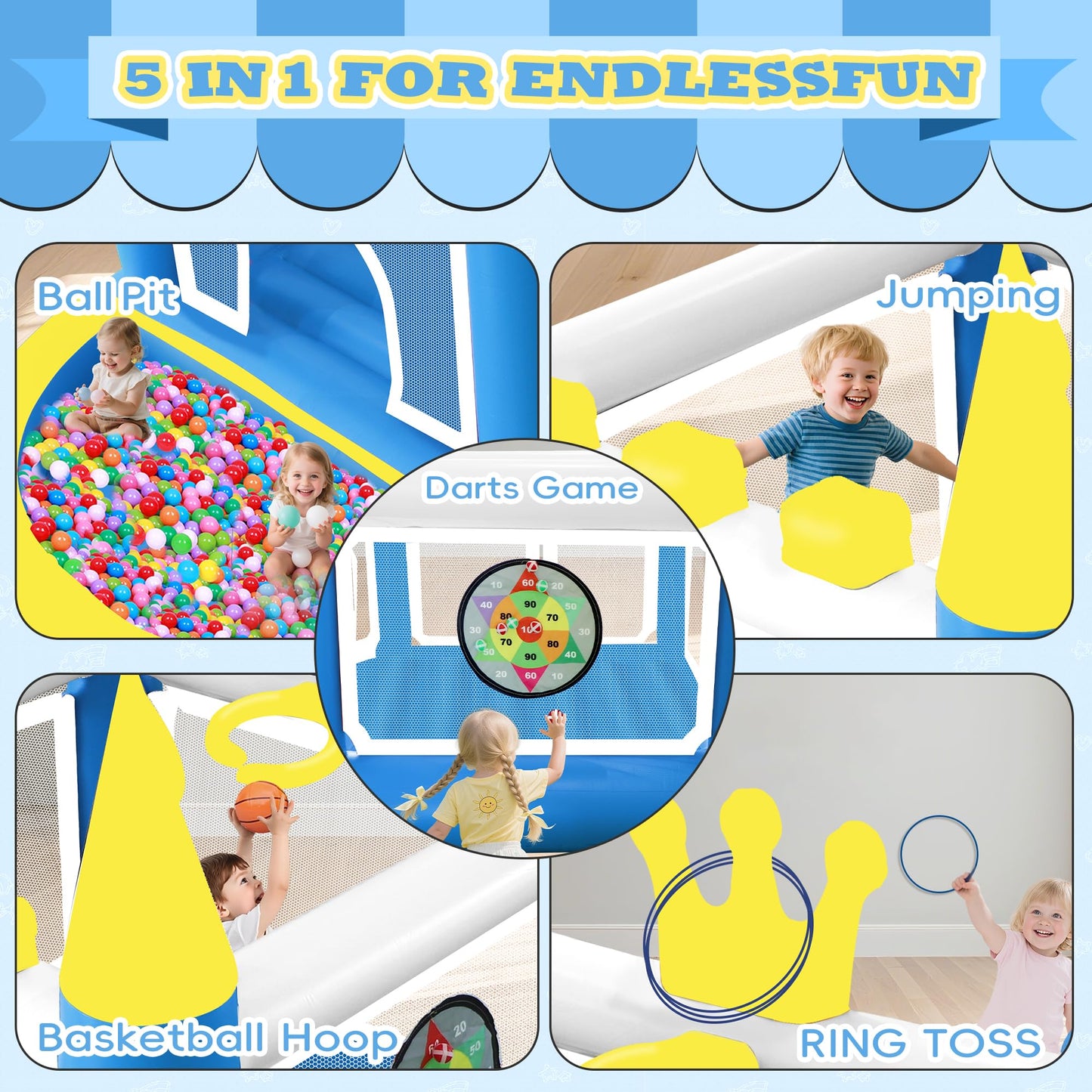 Ytonisld Mini Inflatable Bounce House with Ball Pit, 5 in 1 PVC Kids Bouncy Castle with Electric Air Pump, Small Crown Jump House for Kids Ages 3-8, Toddlers Playhouse Bouncer, Indoor/Outdoor