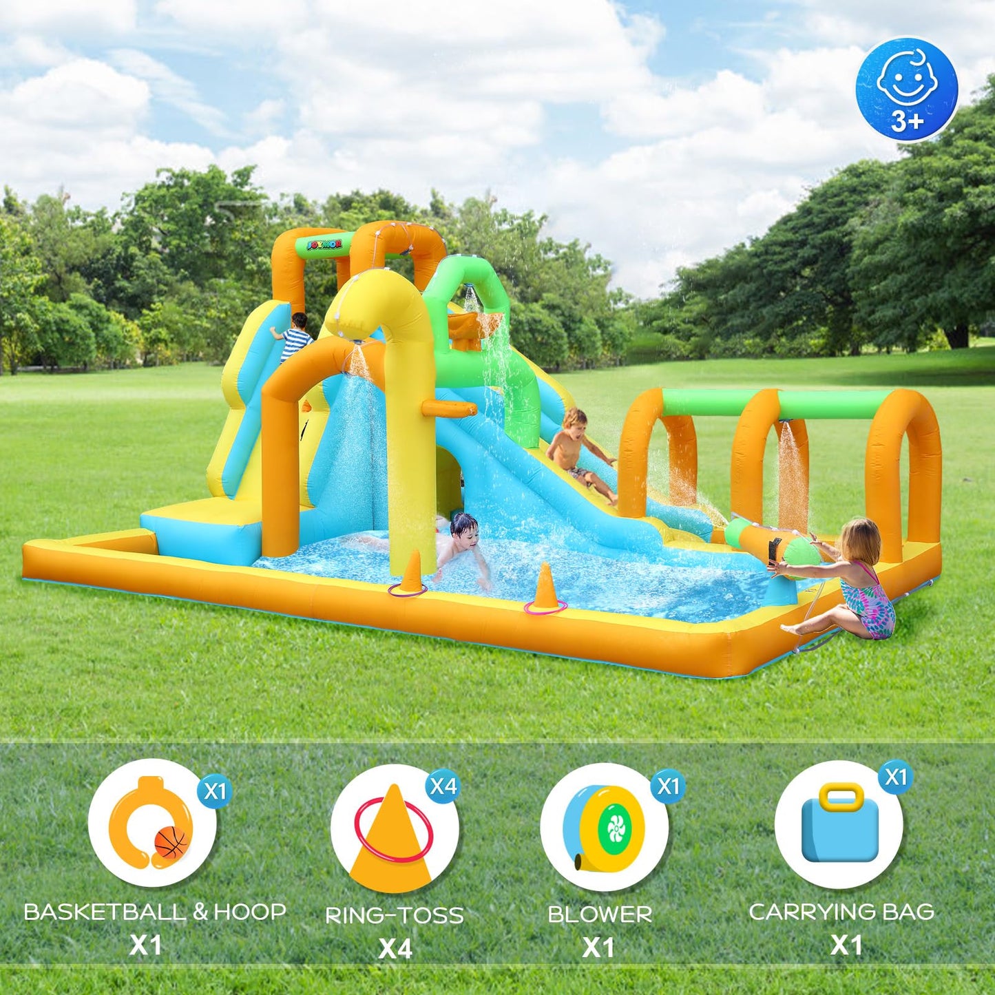 JOYMOR 10-in-1 Inflatable Water Slide Bounce House w/Water Bucket, Tunnel, Water Cannon, Basketball Hoop, 1min Blow Up Water Slide (Include Air Blower), Backyard Water Slide Park for Ages 3-10Y