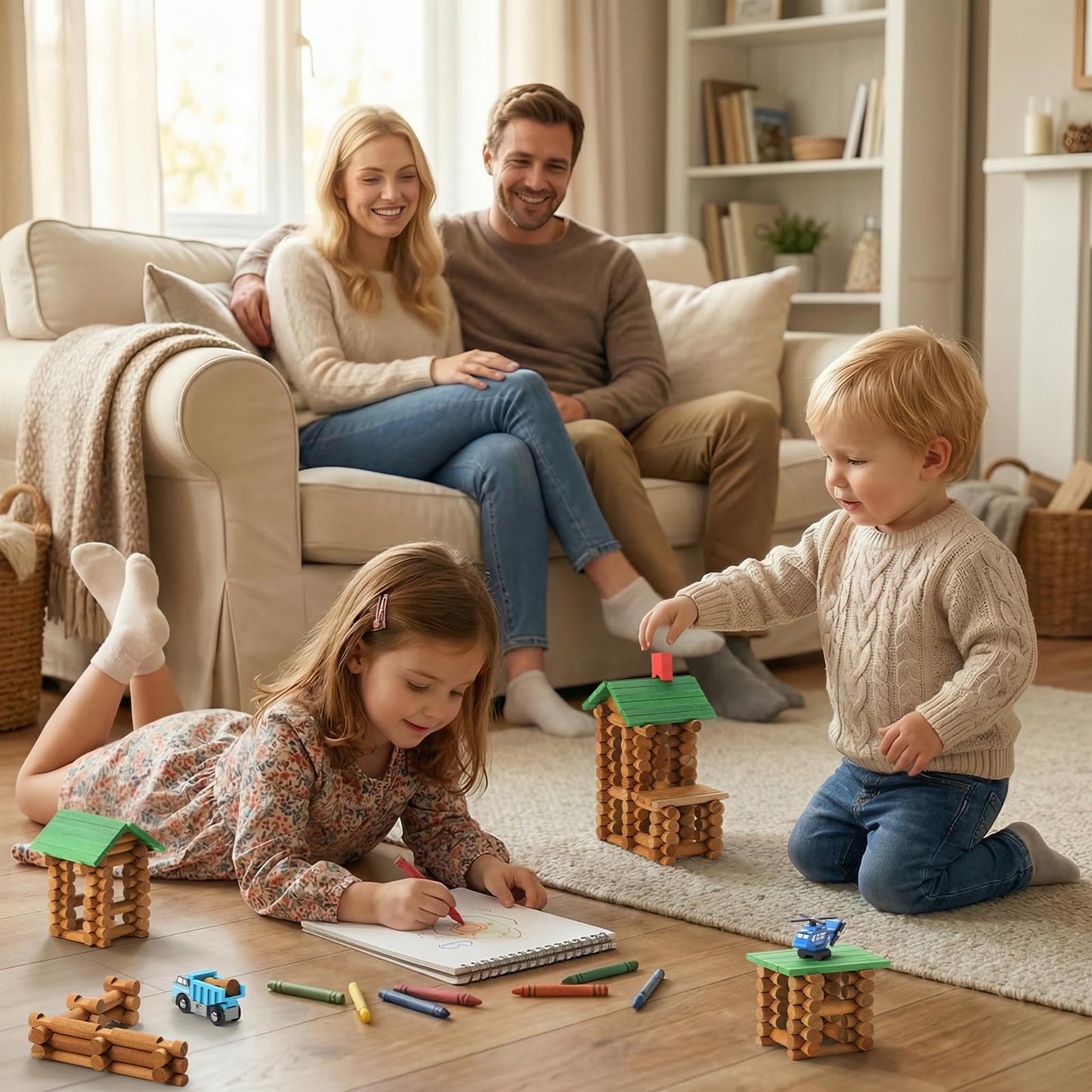SainSmart Jr. 480 PCS Wooden Log Cabin Set with Storage Box, Building House Toy for Toddlers with 7 Toy Cars, Classical STEM Construction Kit Compatible with Lincoln Logs, Ideal Gift for Ages 3+