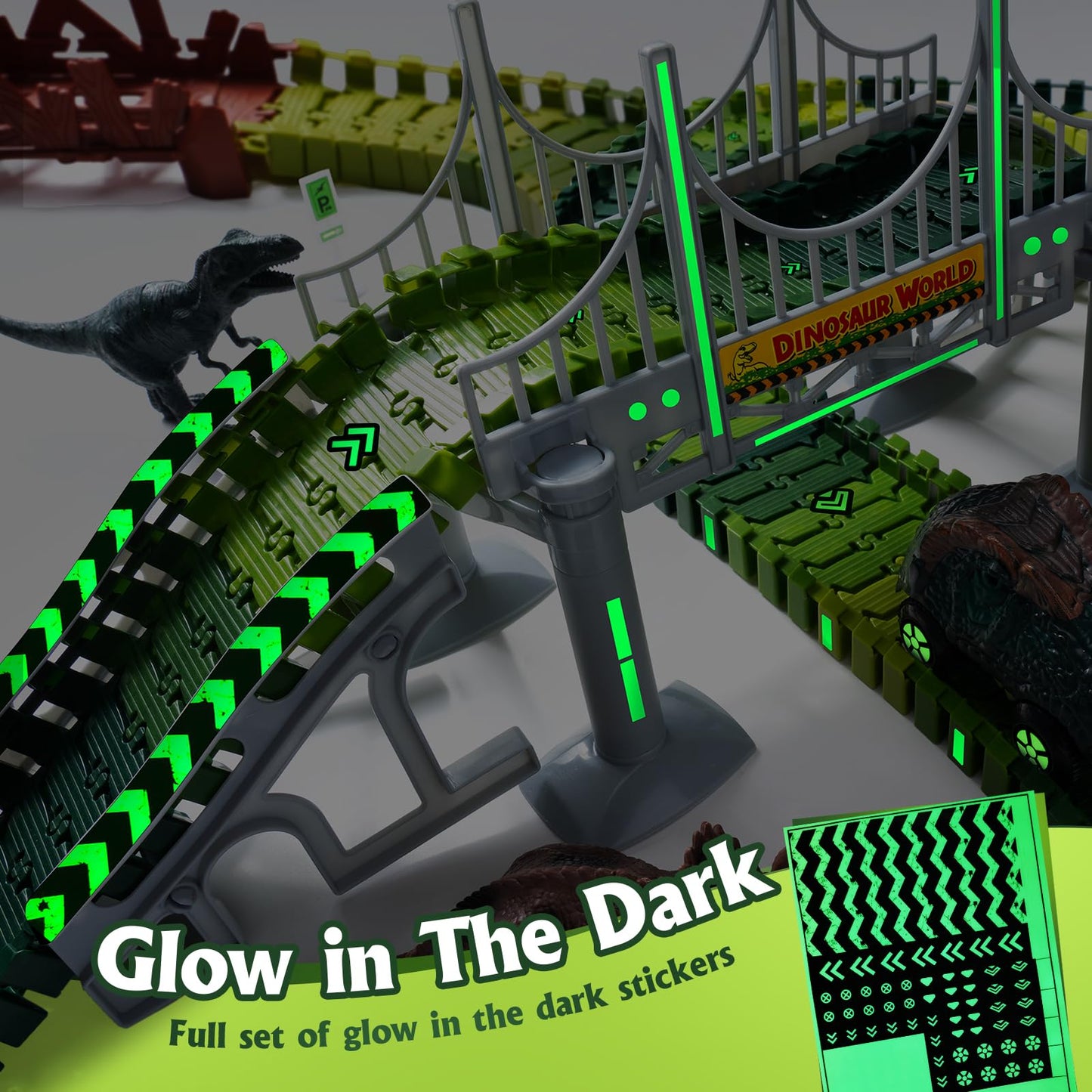 268 PCS Race Tracks Dinosaur Toys for Kids 3-5, Glow in The Dark Magic Toy Set, 2 Dinosaur Cars Track, Flexible DIY Track Set, Birthday Gift for Age 3-9 Boys Toddler Girls